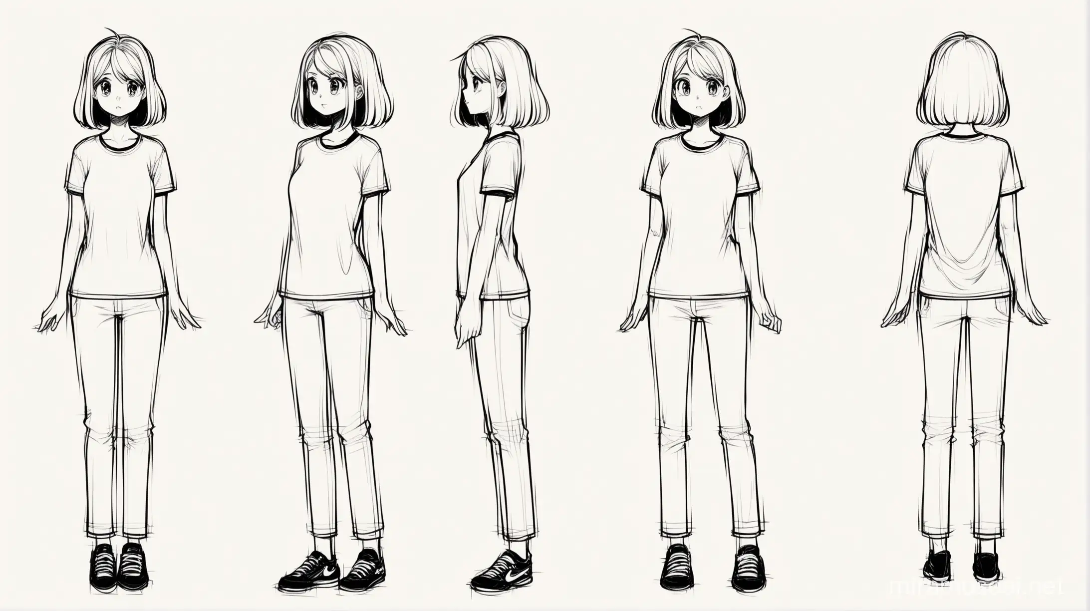 Can you draw this girl character for me from different angles in linear and black and white, and draw strange cartoon hair with a short sleeve t-shirt and pants.