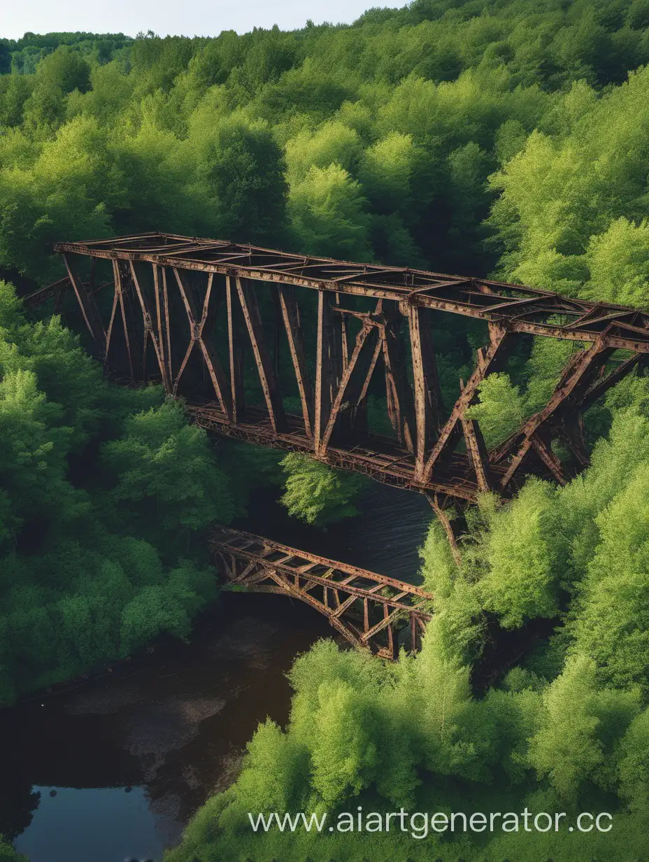 Abandoned-Village-with-Broken-Railroad-Bridge-in-Forested-Landscape