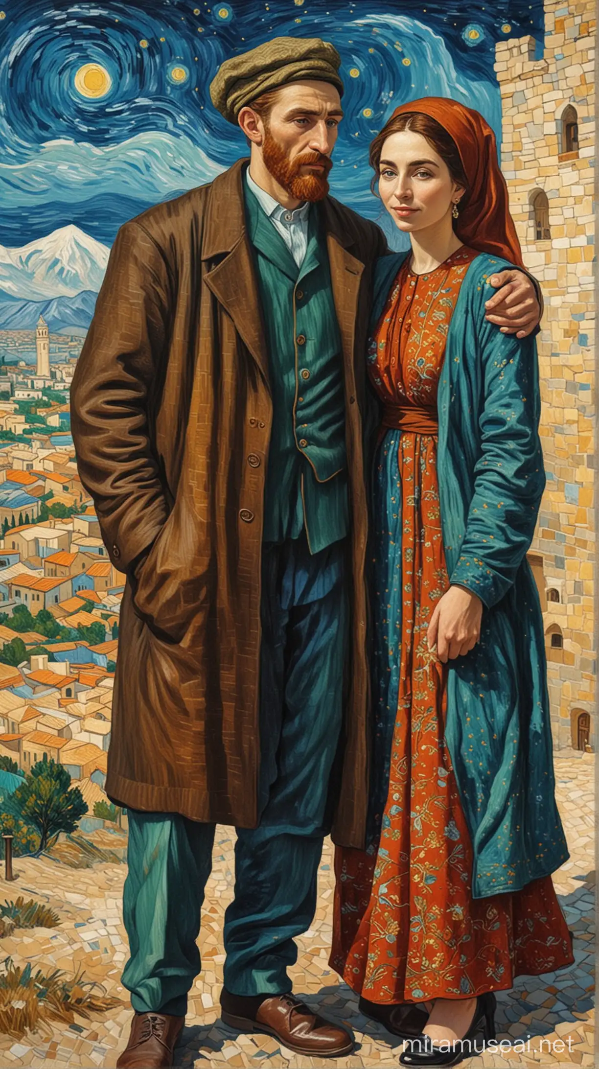 Azerbaijan Couple Embracing in Van Gogh Style Painting