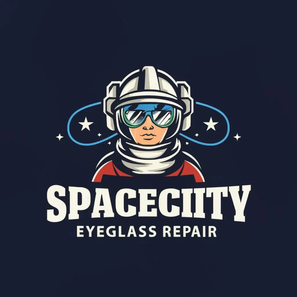 a logo design,with the text "spacecity eyeglass repair", main symbol:space texas cowboy space helmet hat with glasses blue green black,Moderate,clear background