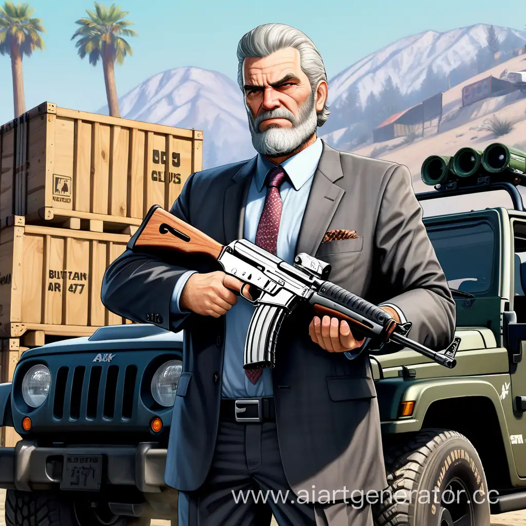 брутальный седой мужчина с Автоматом АК-47 из  игры GTA5 с бородой в костюме возле черного джипа с деревянными коробками с надписью army