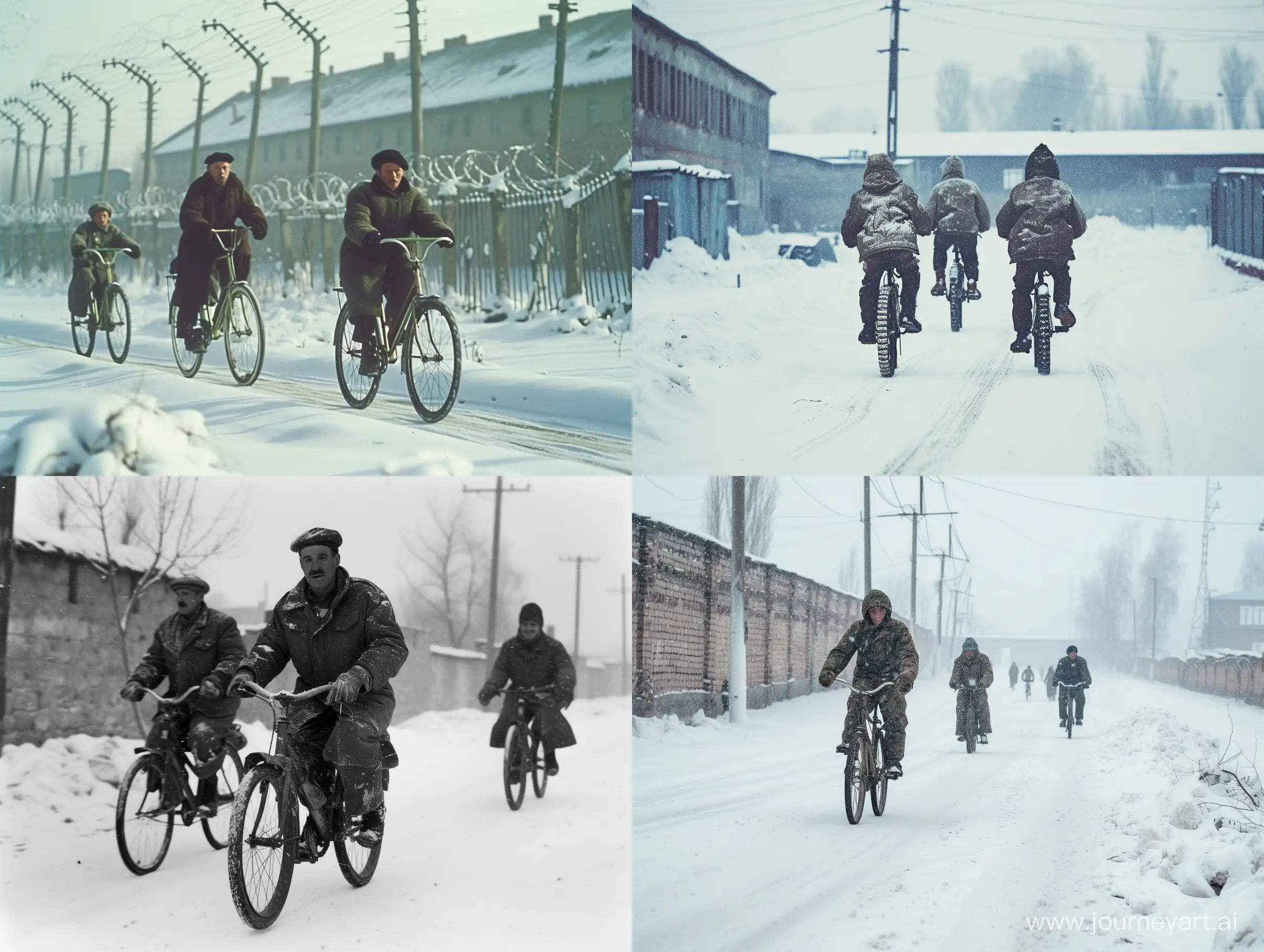 gulag prisoner  people, riding  bicycle in winter --v 6 --ar 4:3 --no 6323