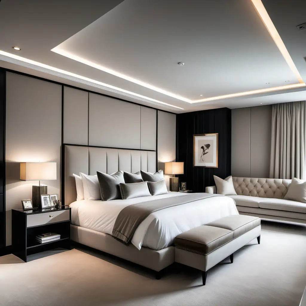 Editorial style photograph of a modern luxury guest room in a modern mansion in London Neutral colour Realistic 8k photos with a canon