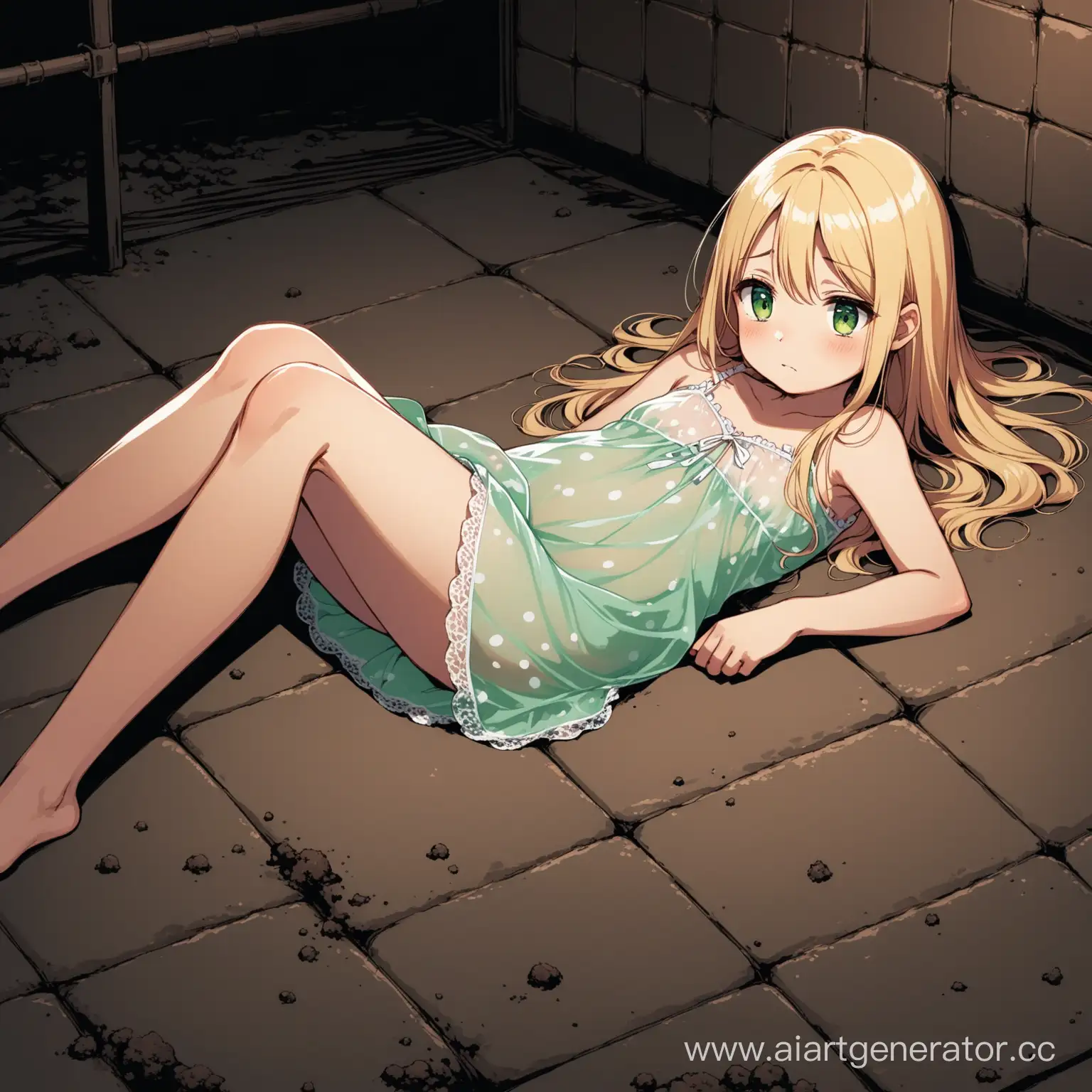 a short thin girl, blonde with long hair, green eyes, she is wearing a semi-transparent short nightgown, she is lying on a mattress in the basement, she looks sad and detached, walls of the basement were stained with dirt and dark red spots