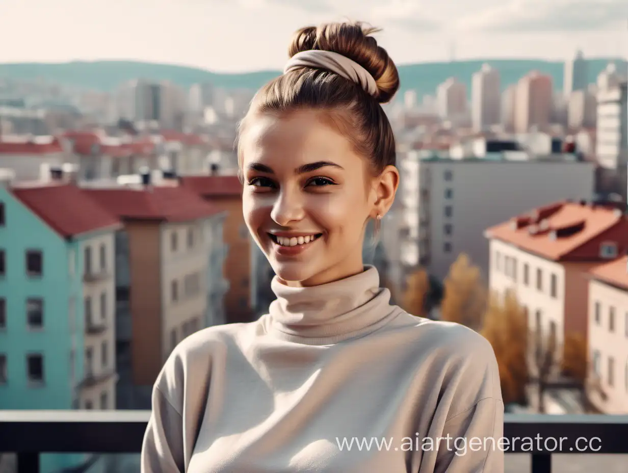 A smiling woman in clothes of calm colors, good detailing, against the background of the city, hair tied up in a bun, home decor