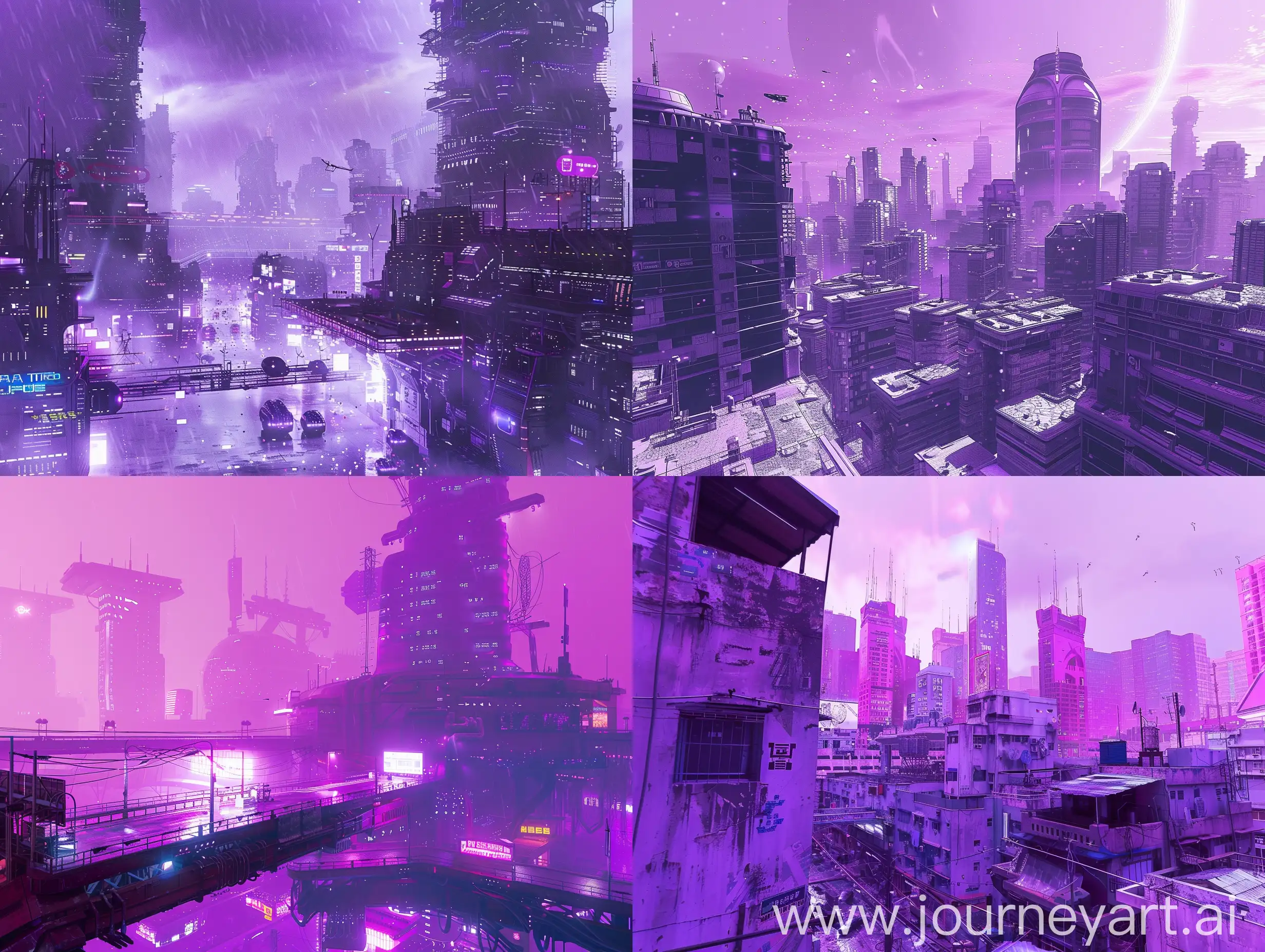 A CYBERPUNK CITY, purple, day time

