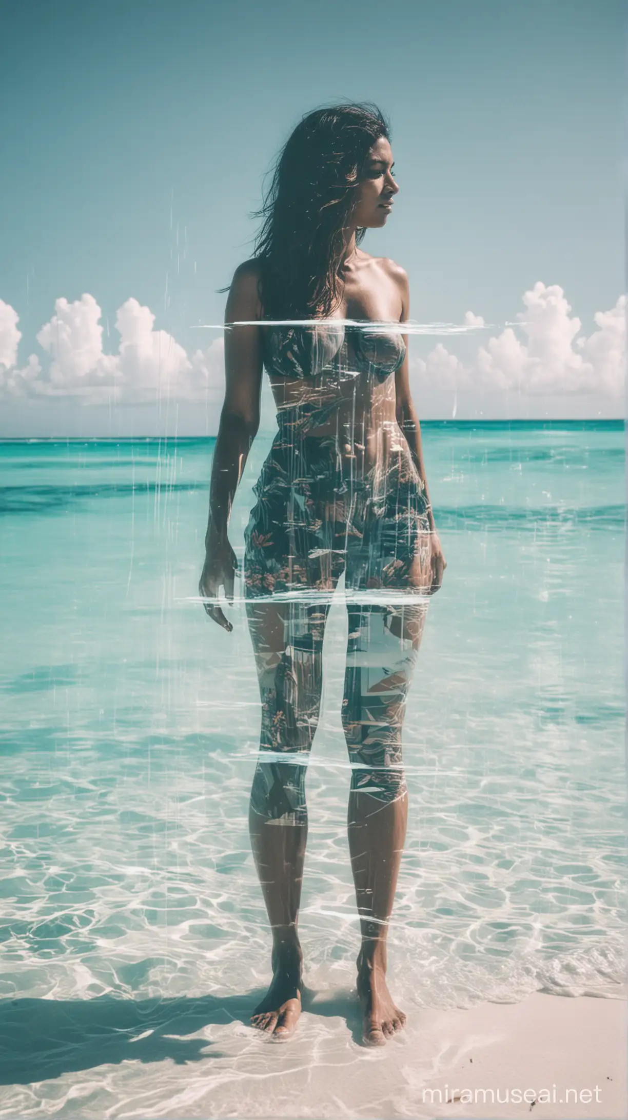 Candid extreme double exposure photography completely glitch , poetic human weird pose Maldives