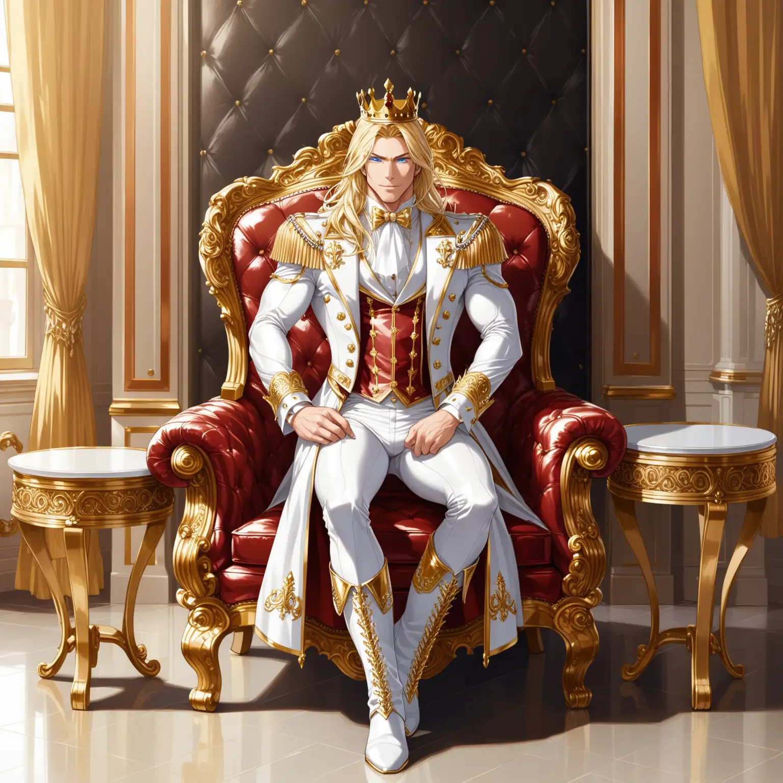 1 man. He is a king. He is handsome and muscular. He has very long straight gold hair and light blue eyes. He is wearing a shiny white latex Victorian suit with gold accents, royal crown, royal cape, coat, vest and puff tie, tight pants and knee high side buckle boots. He has a kind expression. He is in a royal palace with white leather furniture with gold accents.
