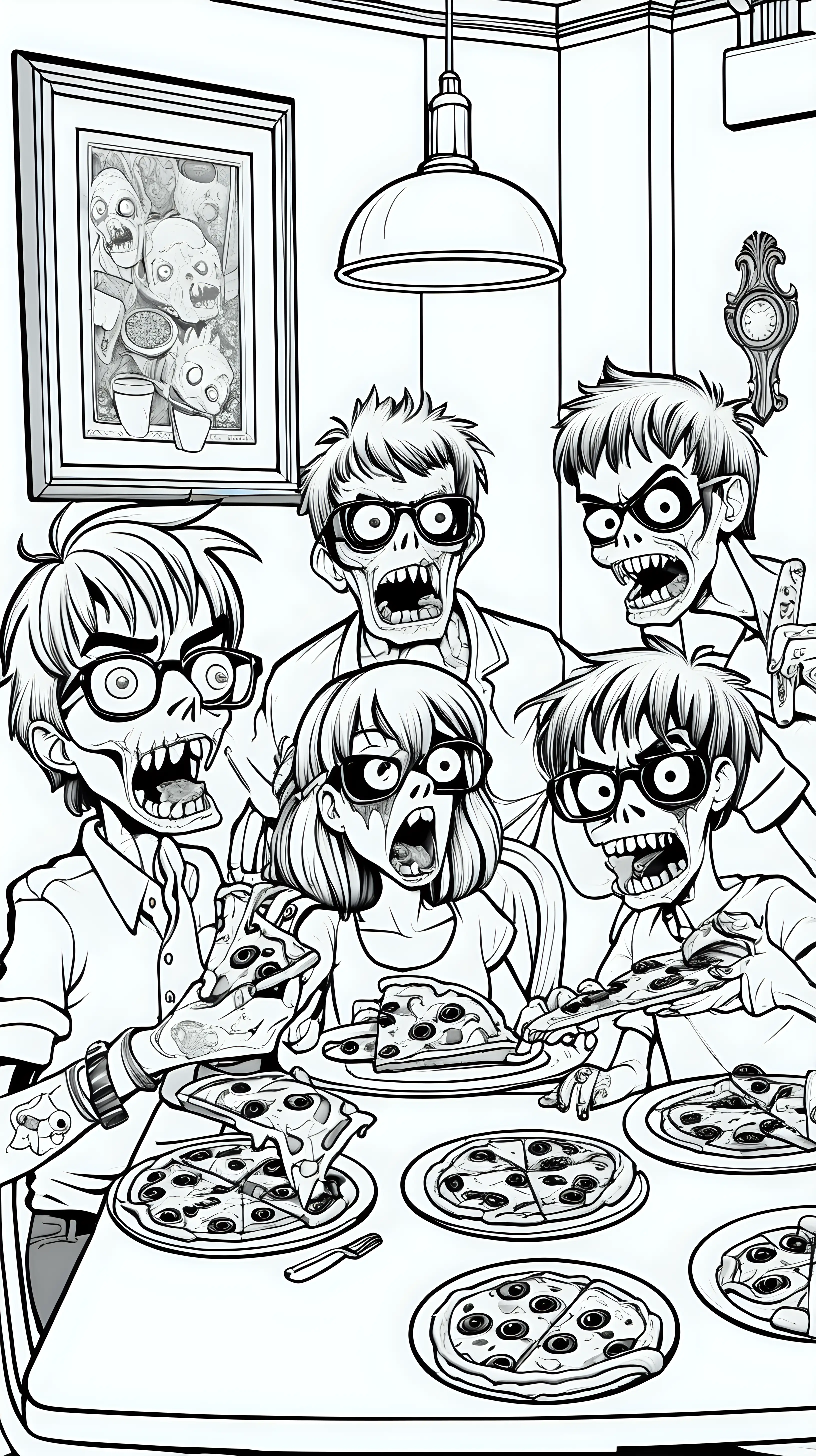 coloring book image, black and white image, of cute funny zombie family in dining room eating pizza with strechy cheese eyeballs