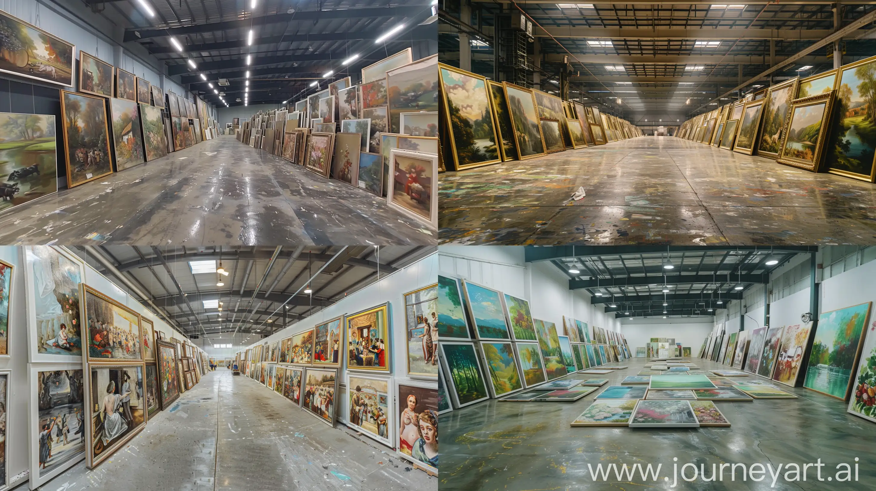 超大型油画工厂里堆满了没有装裱的纯手绘油画作品，（（干净不反光的水泥地面））、（8K 分辨率绘画质量，全景）--ar 16:9 --v 6 --iw 2