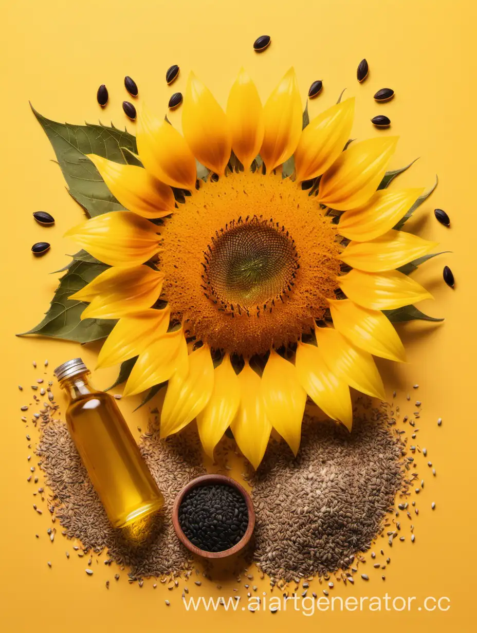 Bright-Sunflower-with-Oil-and-Seeds-on-Yellow-Background