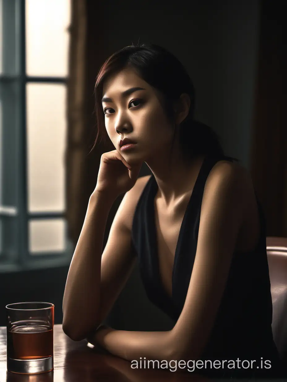 A portrait of a lonely girl, feeling lonely, silent situation, moody feeling, twenties of age, Asian, brown piercing eyes, double-chinned, radiant skin, orange, high nose, thin lips, beauty, sitting in a chair, there's a black table with an empty glass around, real lighting situation, natural lighting, photorealistic image, realism, high detail picture, sharp and focused image, Canon EOS R6 image style, full-frame camera sensor, depth of field, 85 mm f2 lens shot