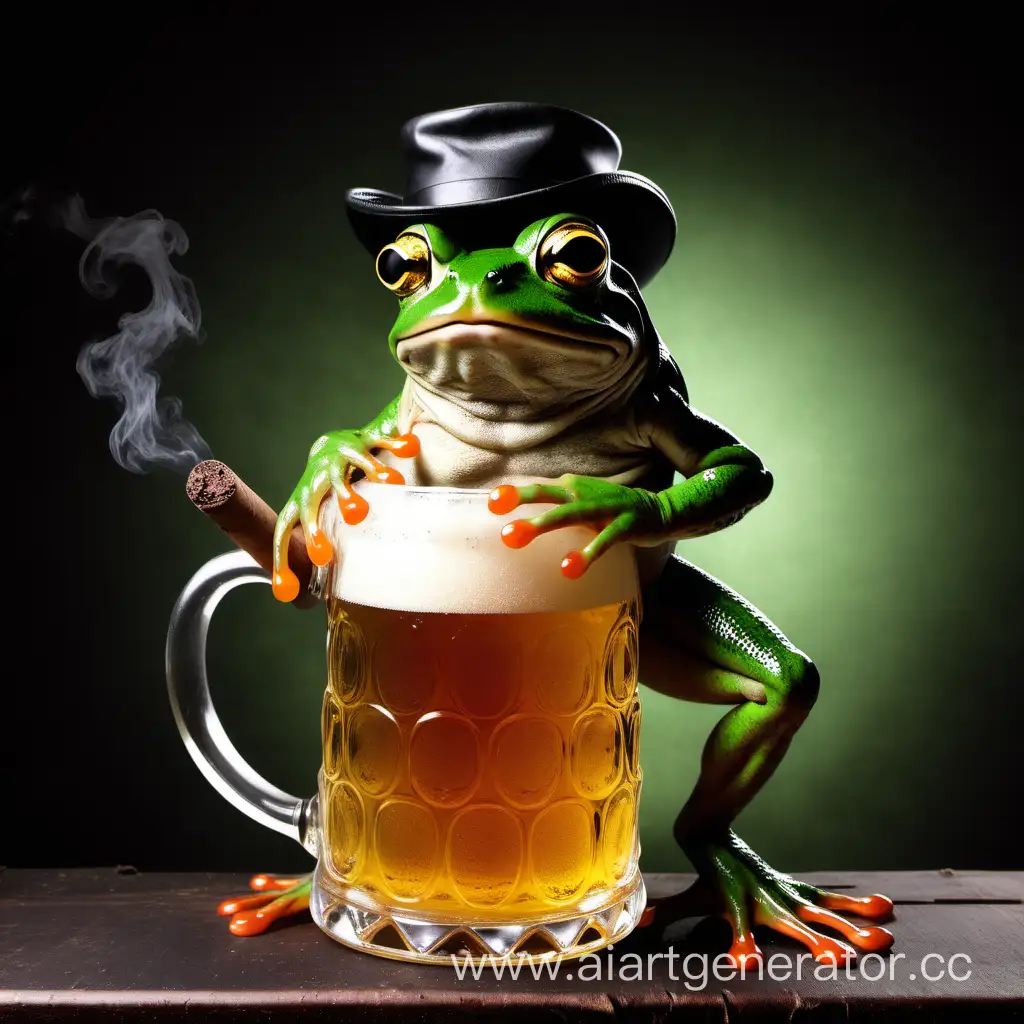 a frog in a beer mug, with a cigar in his mouth, a frog with dark glasses