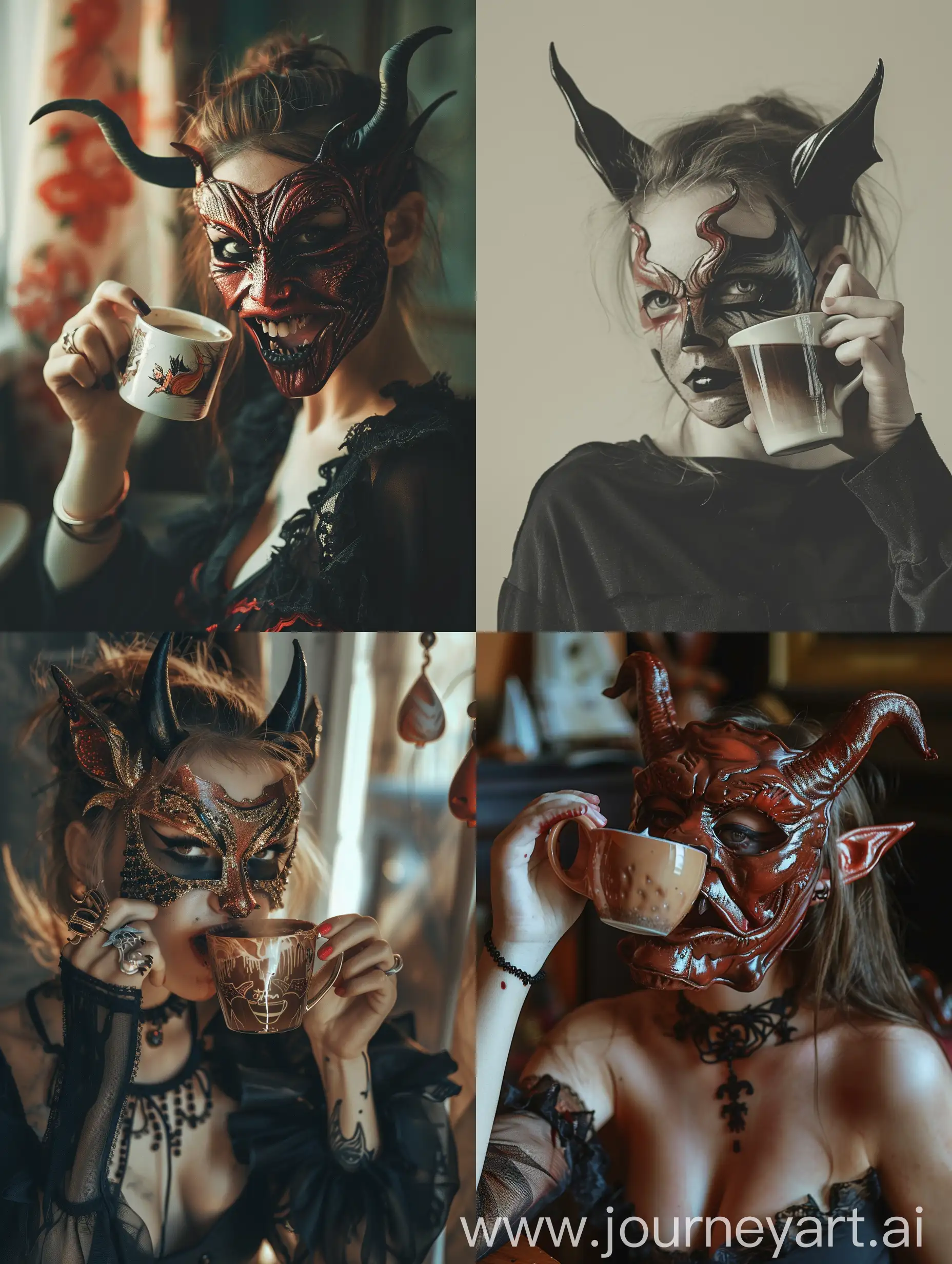 a woman with a devil mask and devil makeup drinking a cup of coffee with a demon demon on her face, a stock photo, incoherents, photo real, Artur Tarnowski