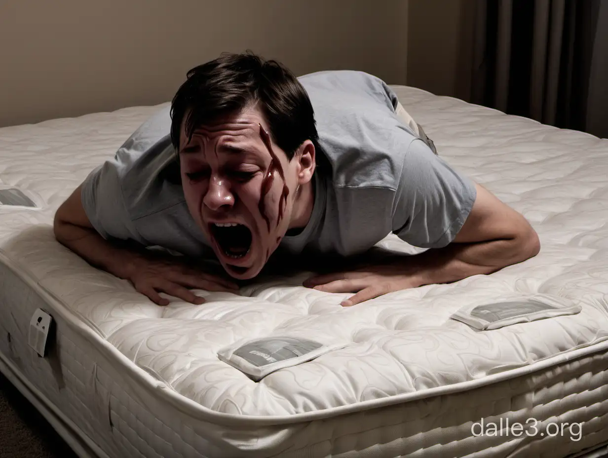 a guy is crying in the fetal position on a lumpy hostile mattress