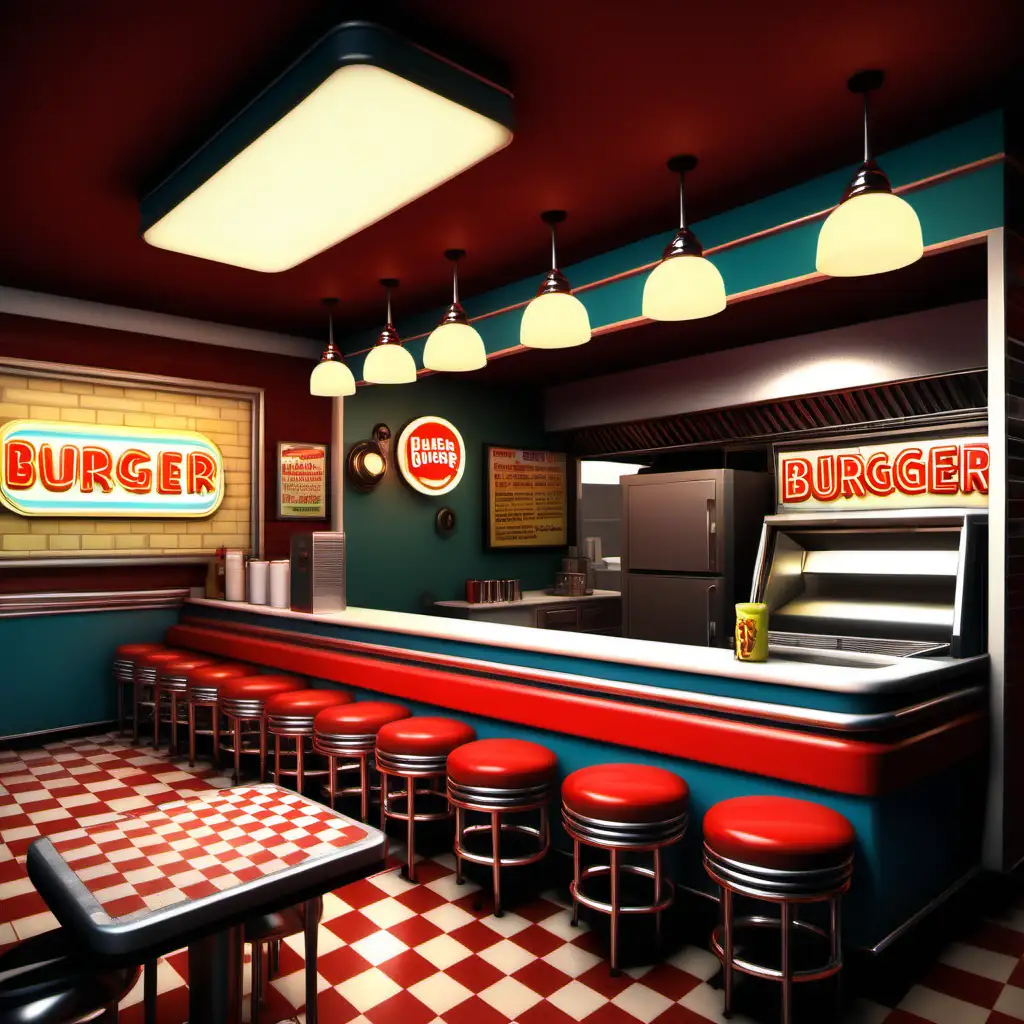 Create the inside of a classic burger diner. make sure that the inverioment is night outside the burger diner