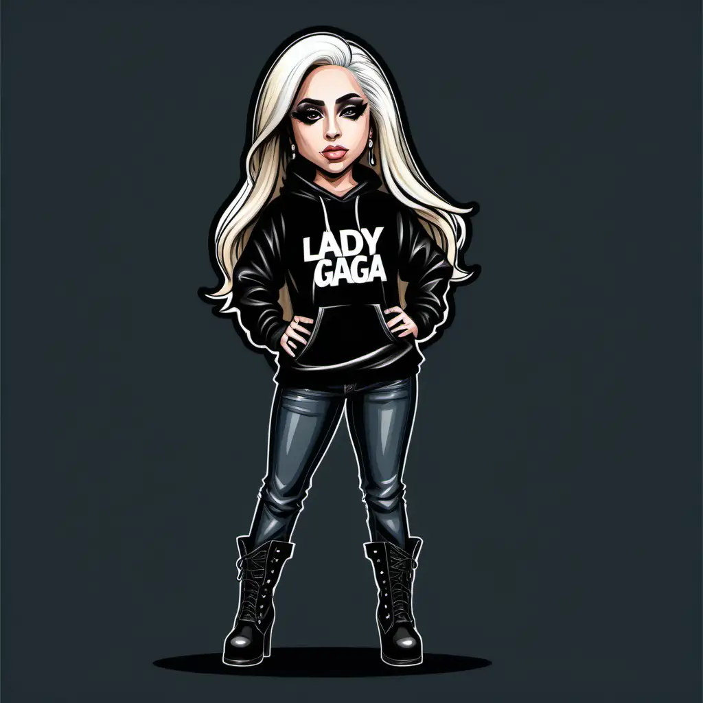 Chibi illustration of lady Gaga, standing with one hand on her hip and another point in the air, she is wearing a black hoodie, black jeans, boots, high resolution vector t-shirt design, transparent design, no additional elements