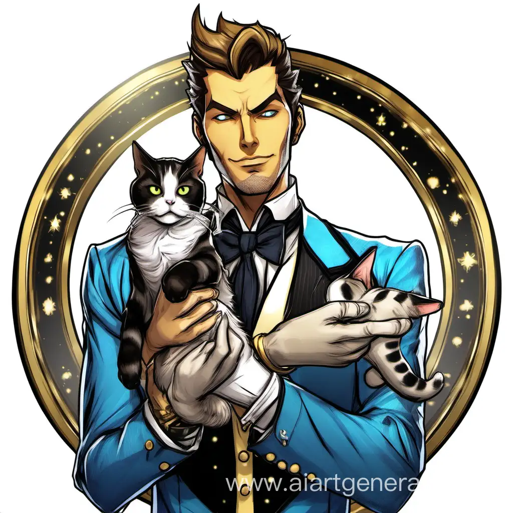 Handsome Jack Hyperion, holding a majestic round tuxedo cat.