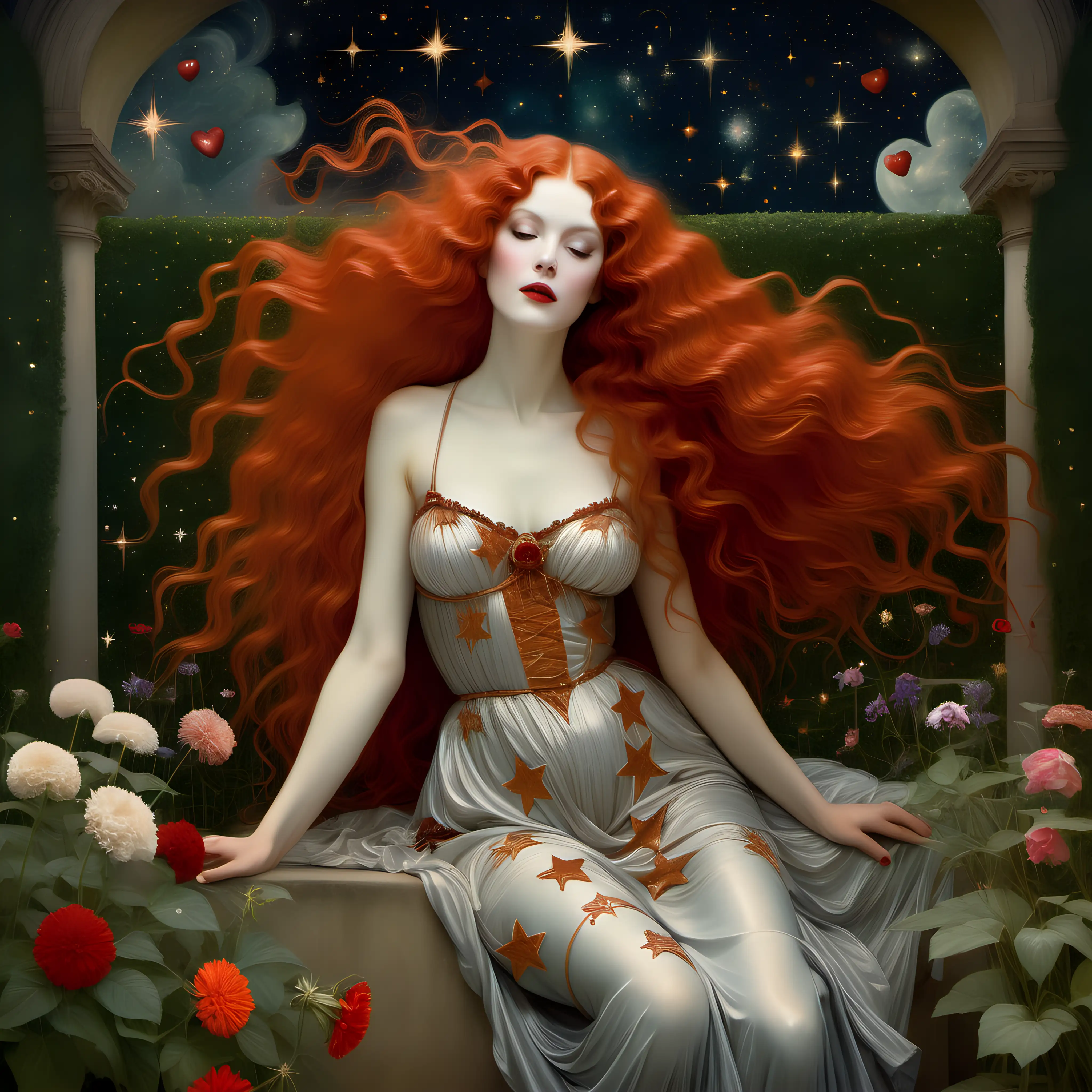 beautiful  woman long red hairs in love  in a garden with flowers and stars, Luis ricardo Falero, Leonor Fini,  Gustave Klimt style 
