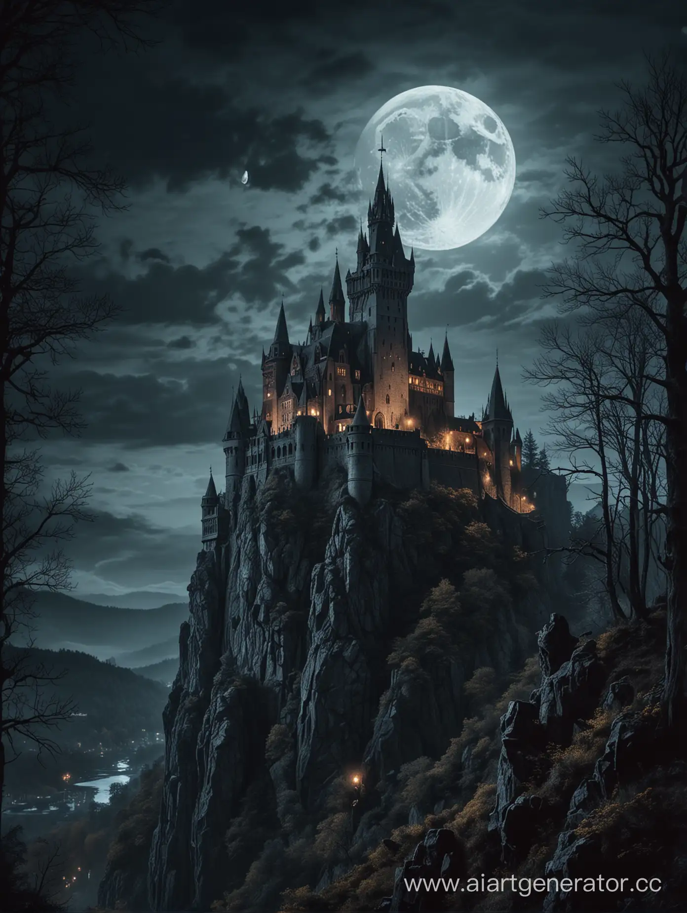  Мрачный готический замок Дракулы стоит на скале у подножия которой раскинулся темный лес. Луна освещает замок