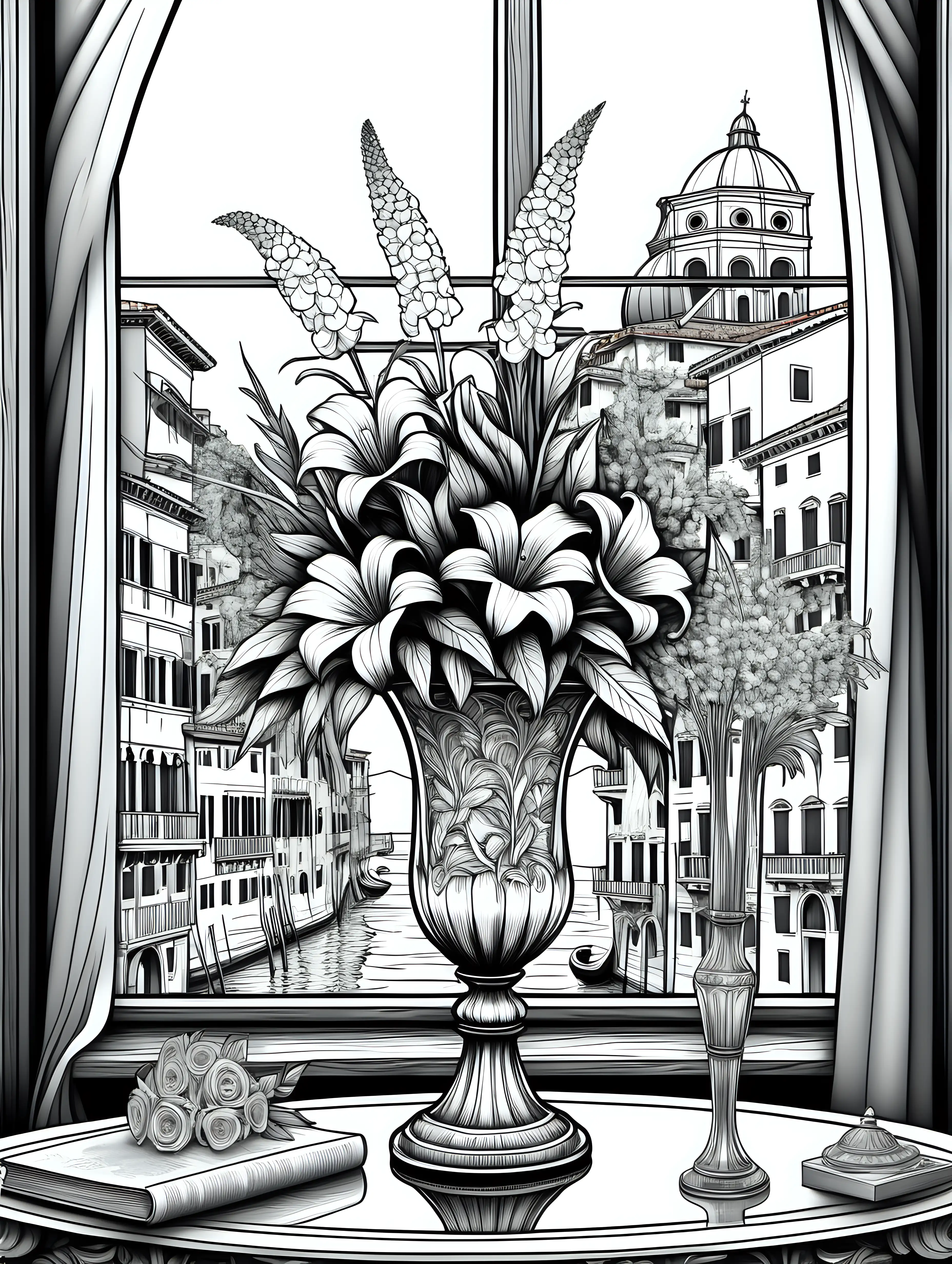 clean black and white, intricate, adult coloring page, white background, tall italian flower arrangement in a murano glass vase containing an assortment of flowers native to italy sitting next to a window on a table with a wood-paneled wall, statues, 2D, vector line drawing, venetian city scene with behind window, flowers are the focal point of the image