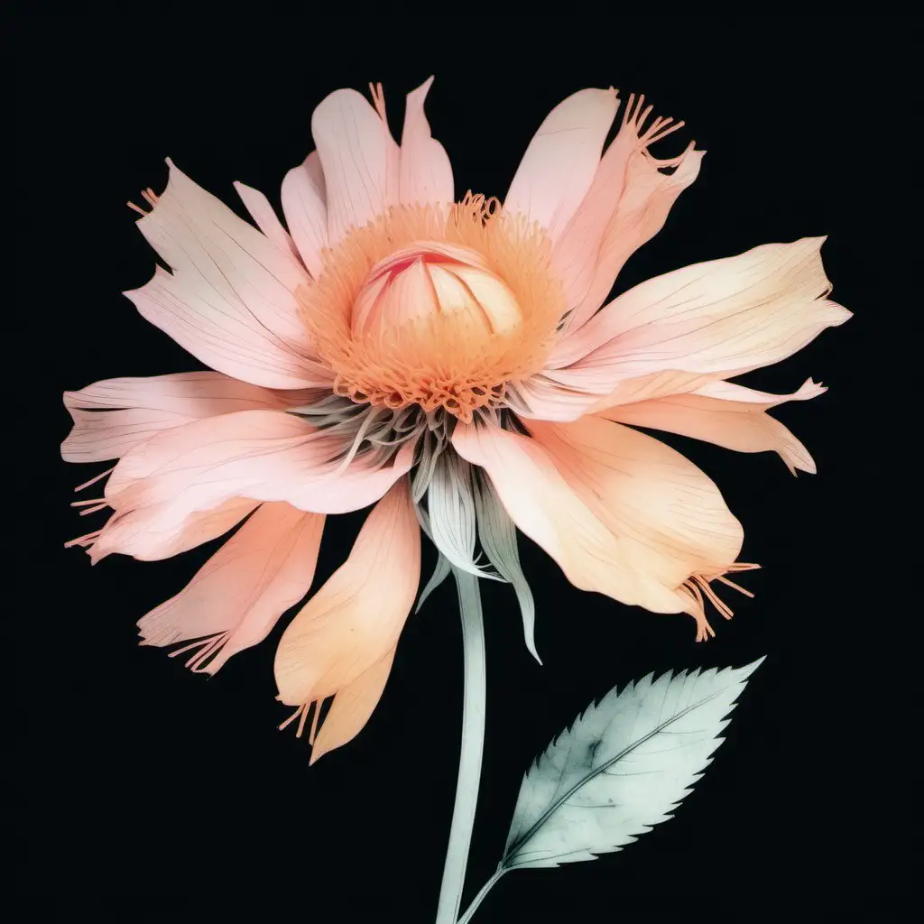 pastel watercolor peach Tasselflower washed out color, on a black background andy warhol inspired