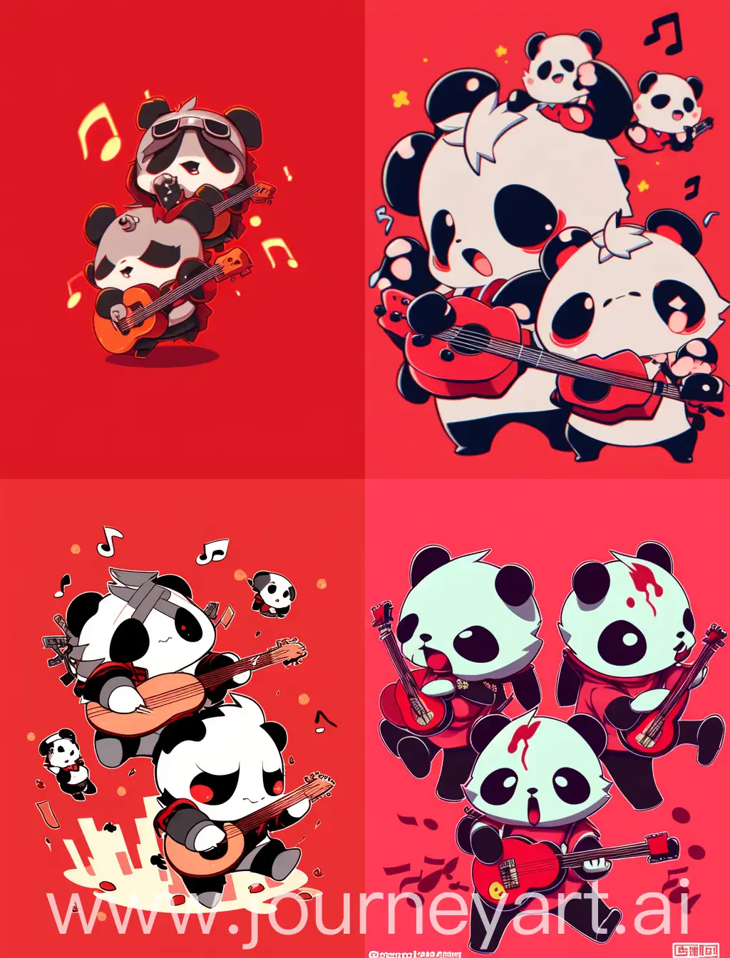 chibi pandas playing guitar, with red solid background, strong lines