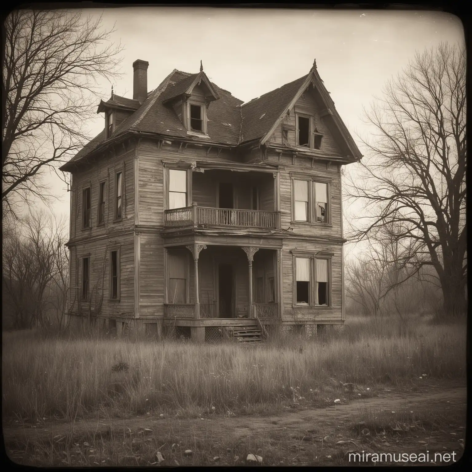 Eerie 1901 Abandoned TwoStory House with Ghostly Figure