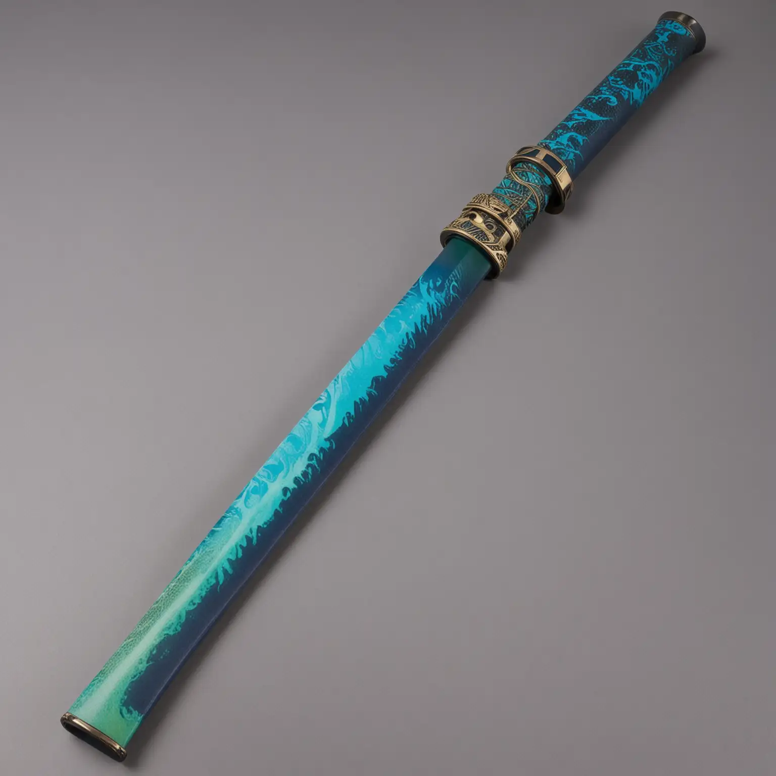 a long, blue and green katana scabbard without the blade in it