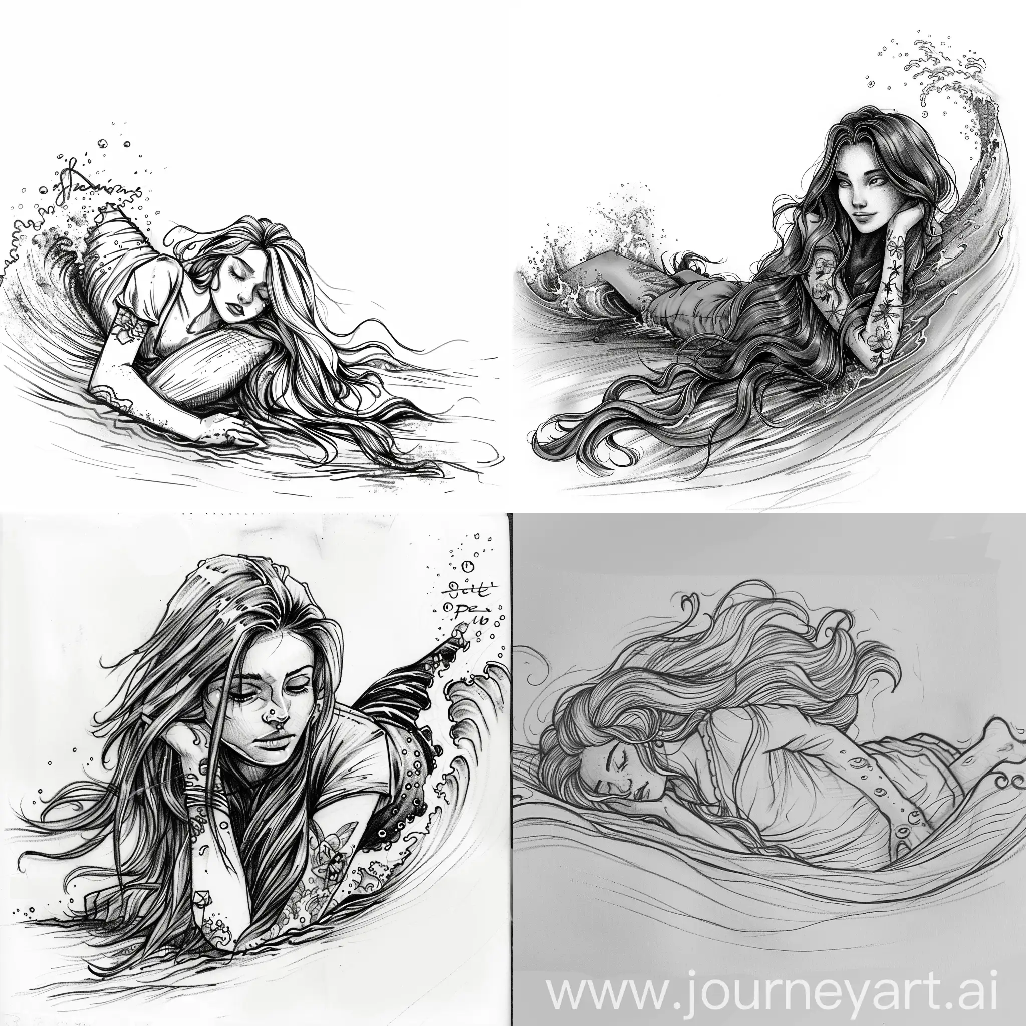 Dreamy-Girl-with-Long-Hair-Sketch-Lying-on-Wave