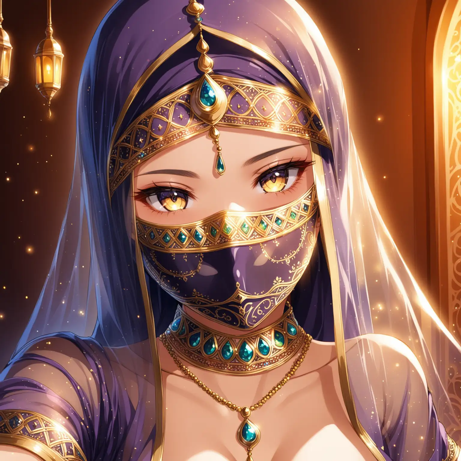 Sensual selfie picture of a hot anime girl, age 20, arabian nights outfits, transparent face veil mask