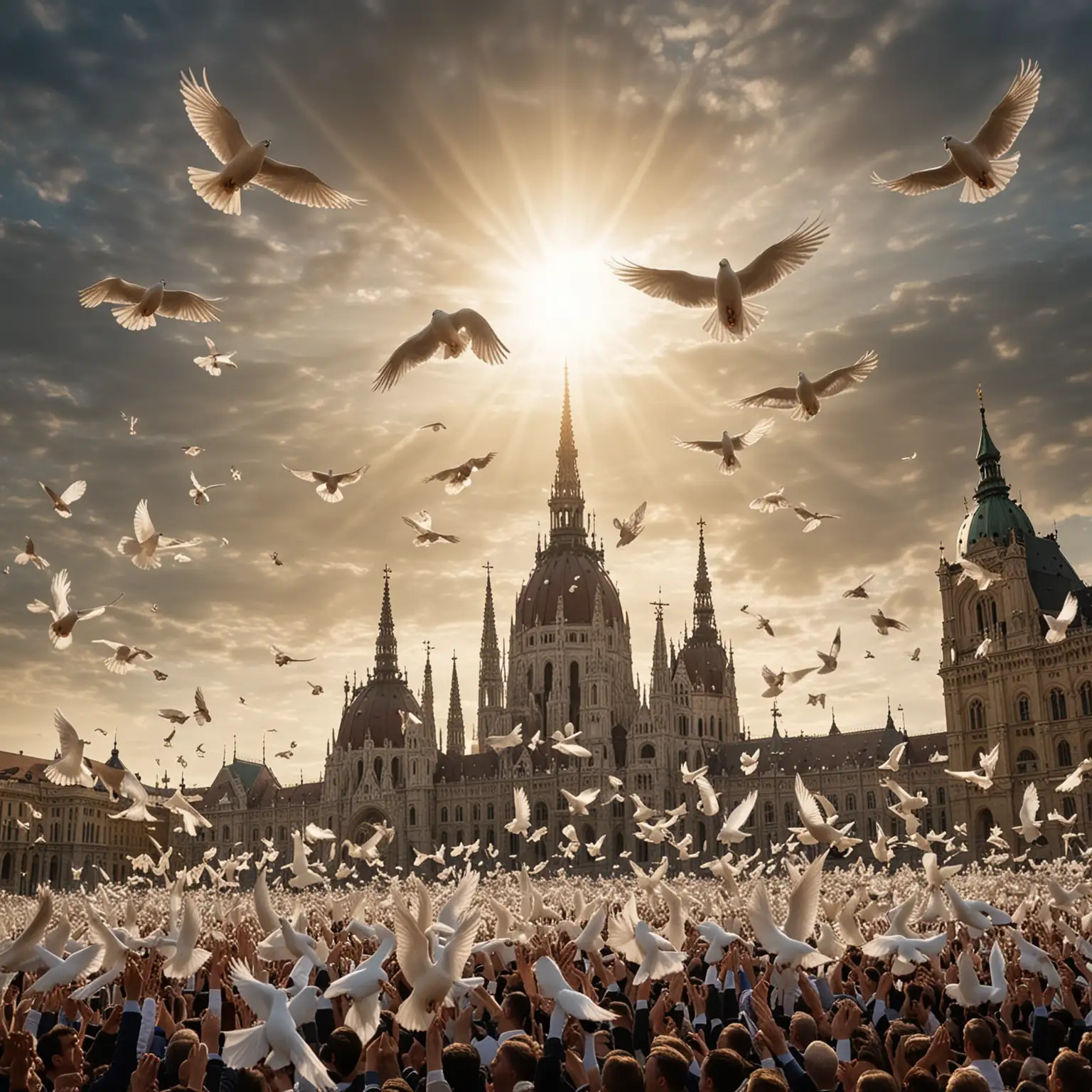 Orbán Viktor a magyar miniszterelnök a parlament előtt rengeteg fehér galambot enged szabadon. A madarak szárnyaikat kitárva emelkednek a levegőbe, mint békés angyalok a város felett. A nap aranyszínű sugarai áthatolnak a felhőkön, megvilágítva a szárnyaló galambokat, melyek árnyékaikat vetítik az épületek hosszú soraiba. Az emberek ámulva nézik a csodálatos látványt, érezve a béke és remény átható erejét. Fényképezte: András Zoltán egy Nikon D850-el és egy teleobjektívvel, a világítás pedig természetes és lágy, hangsúlyozva a pillanat nyugalmát. --v 5 --q 2