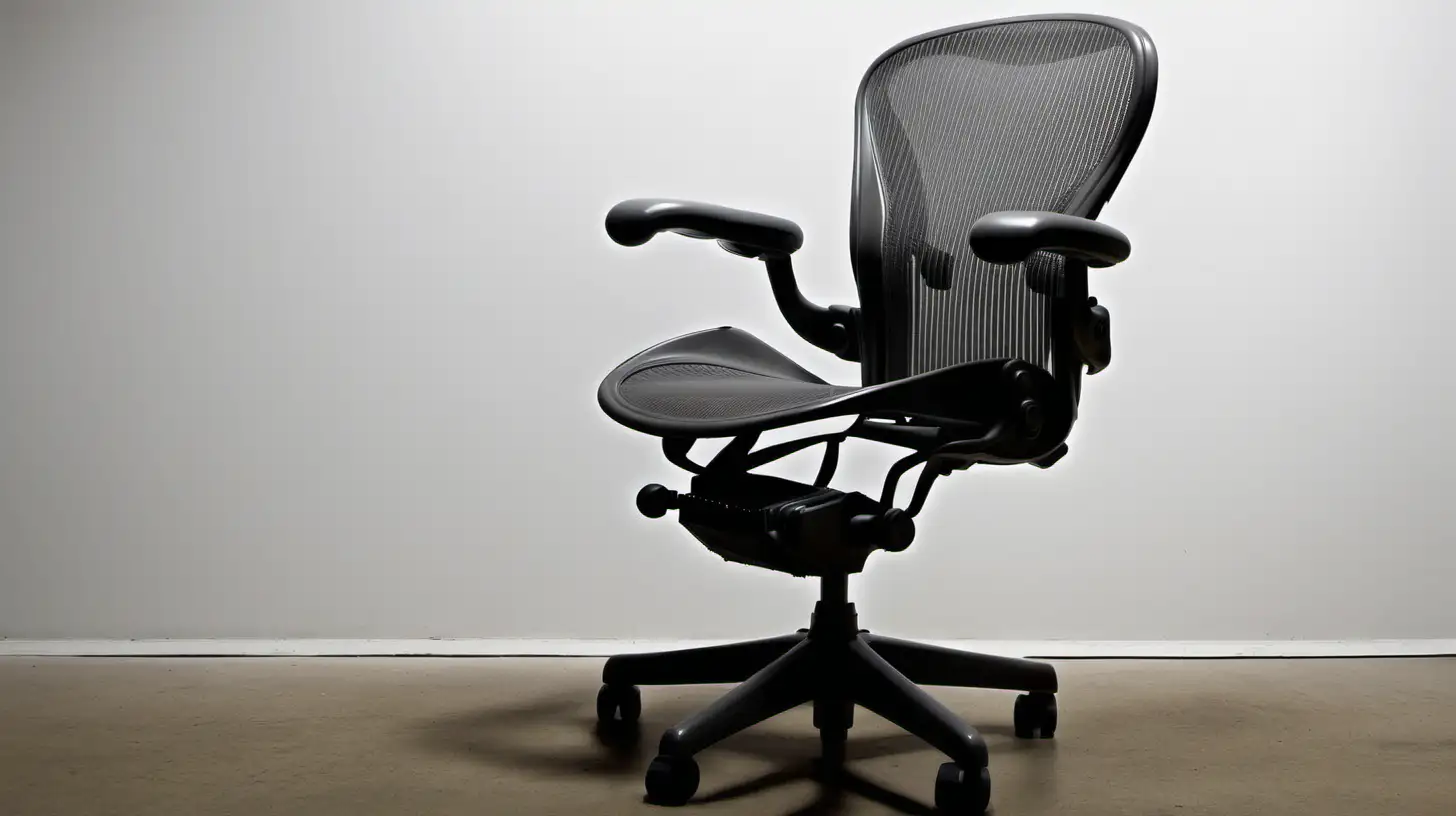 herman miller aeron classic, grey with dark but cool lighting in the back. Write title in picture top left centre, "HM Aeron Refurbished!"