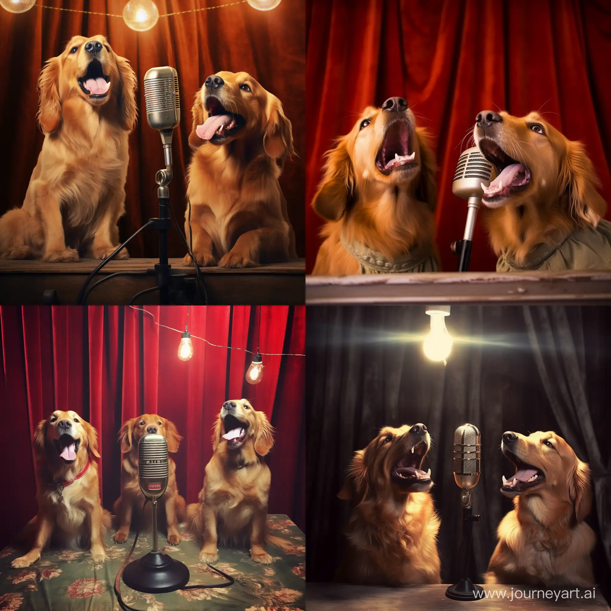 Golden retriever dogs singing into a vintage Westinghouse microphone like the soggy bottom boys in o brother where art thou with curtains in background