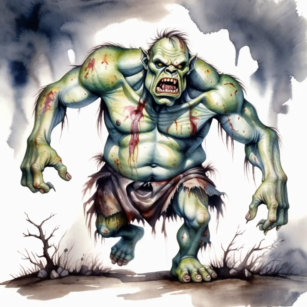 roaring zombie ogre walking, dark watercolor drawing, no background