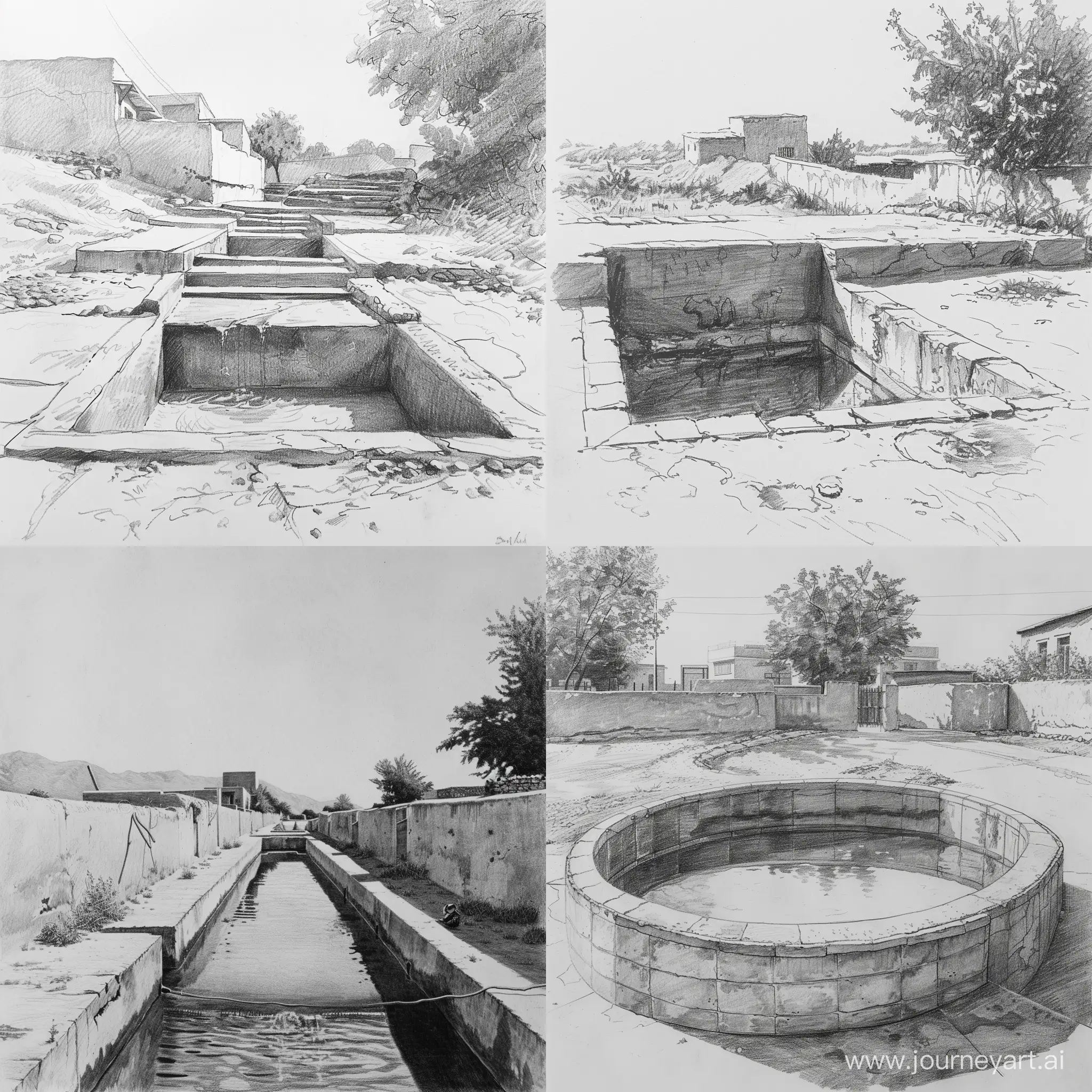 black and white simple pencil sketch surfacewater level water reservoir made up of cement in a village in rajasthan as shown in the image