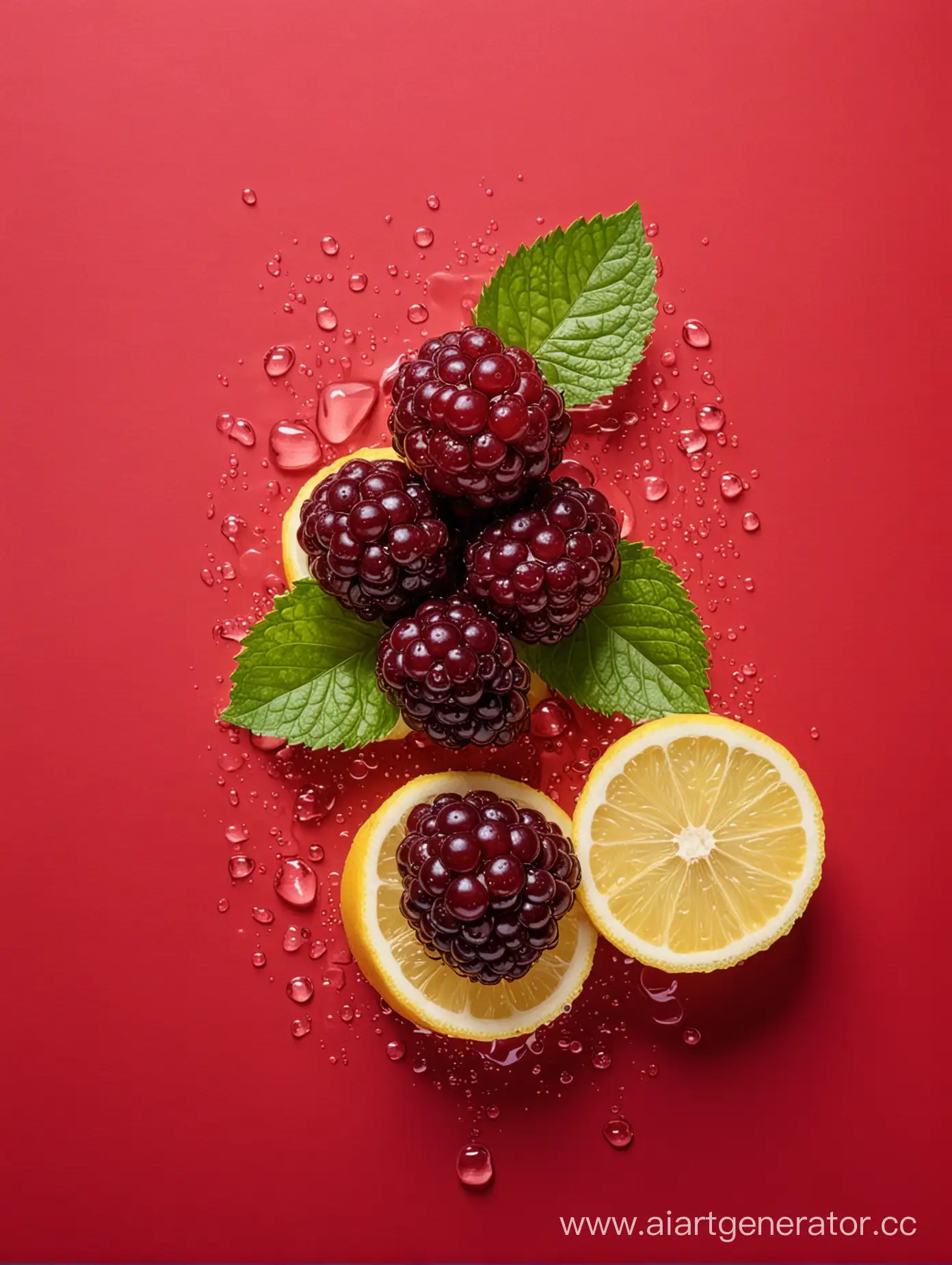 Boysenberry with lemon slices water drop on RED background