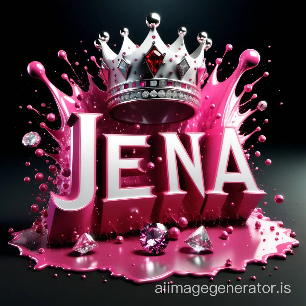 3D, colorful splash of pink and white, with the metallic text 'text/name ”Jena”  written in diamonds. Include rubies and diamonds, have a crown on the letter J