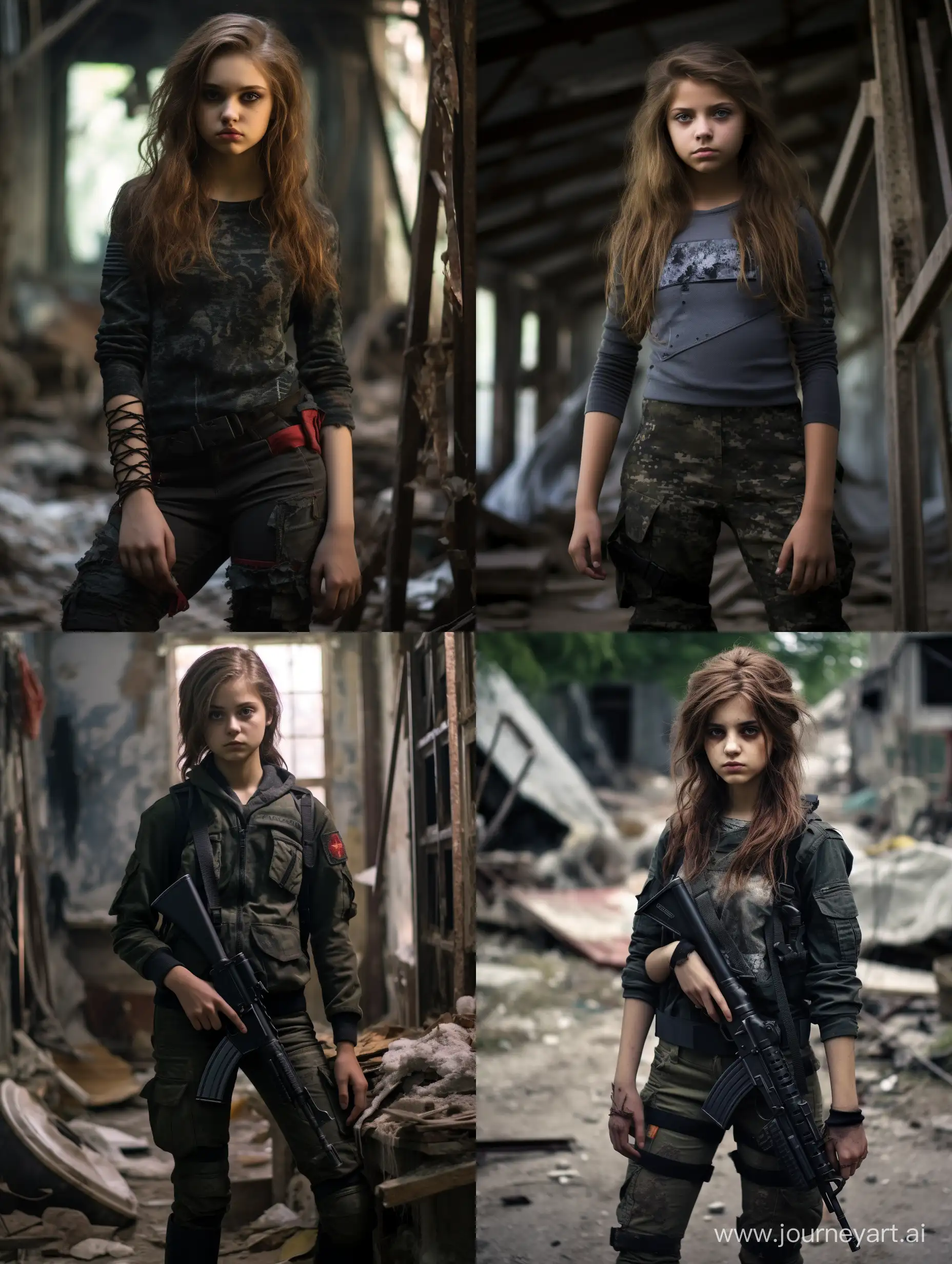 Post-Apocalypse, office, Communist military uniforms, кубинский революционер, tomboy in uniform, pretty 15 year old woman, tomboy, full body, military camouflage tight leggings, Photos 8K, modern military uniform, solo, without weapon