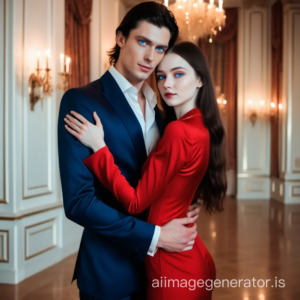 a handsome tall dark-haired and blue-eyed young man in a modern trouser suit hugs a fragile, slender, white-skinned, brown-eyed girl with long dark hair in a red dress. They stand in a beautiful ballroom in an embrace