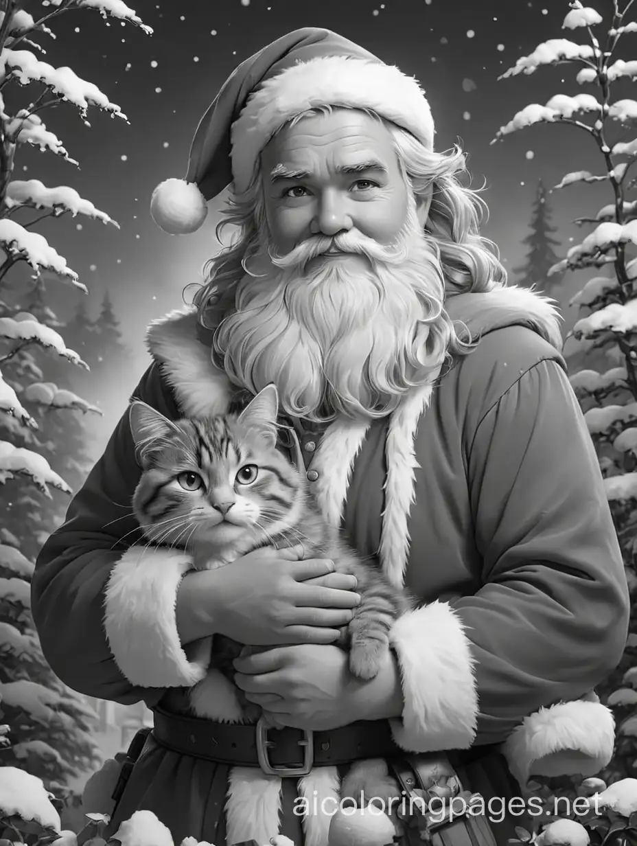 Santa Claus is holding a cat. fantasy   beautiful    very cute  Thomas Kinkade, Coloring Page, black and white, line art, white background, Simplicity, Ample White Space. The background of the coloring page is plain white to make it easy for young children to color within the lines. The outlines of all the subjects are easy to distinguish, making it simple for kids to color without too much difficulty