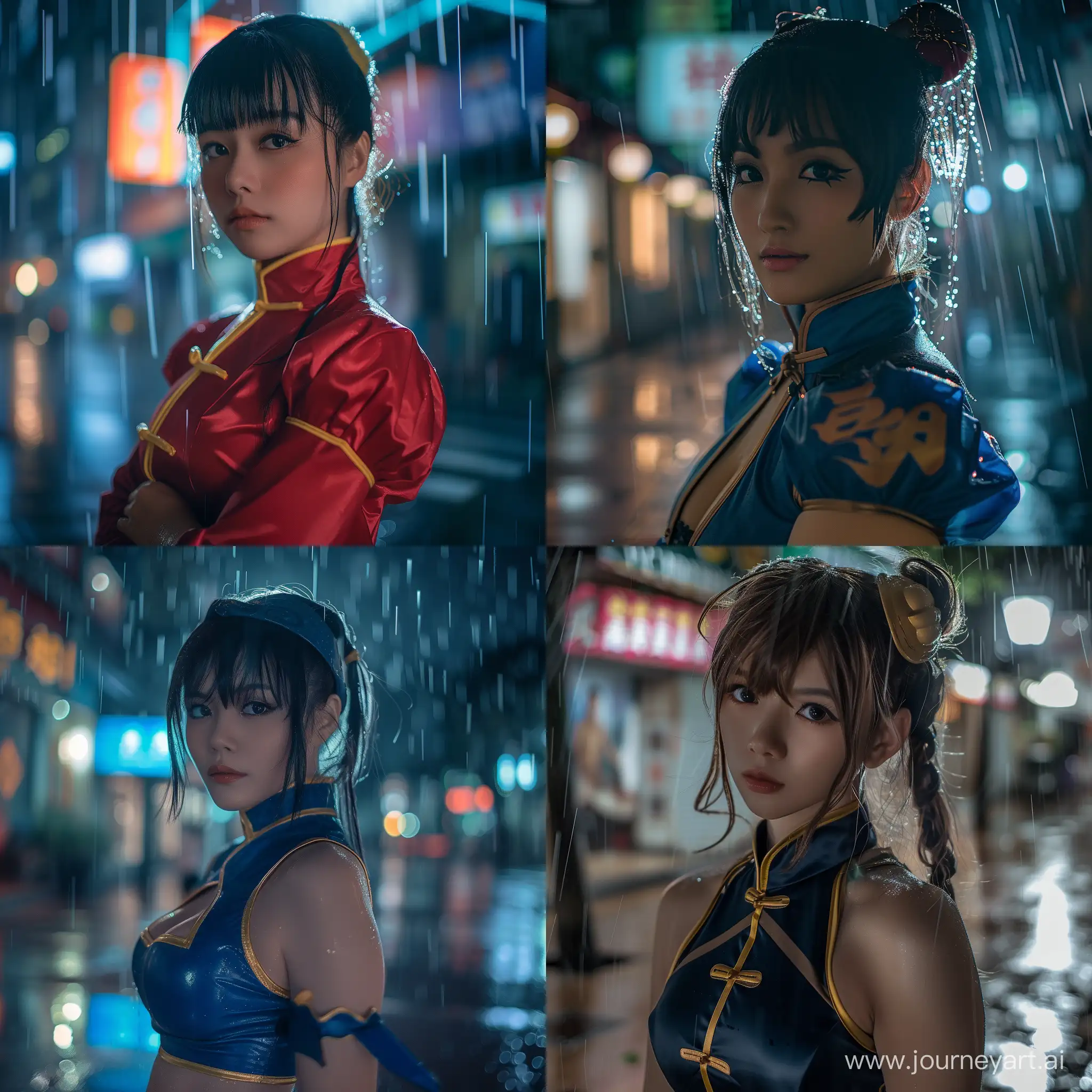 Photo of a Taiwanese beauty,age 30.  Full and well proportioned body. Chunli street fighter cosplay in the rain, in city. Taken with a 22mm focal length , iso 1600, full body. Moon beam, good lighting.