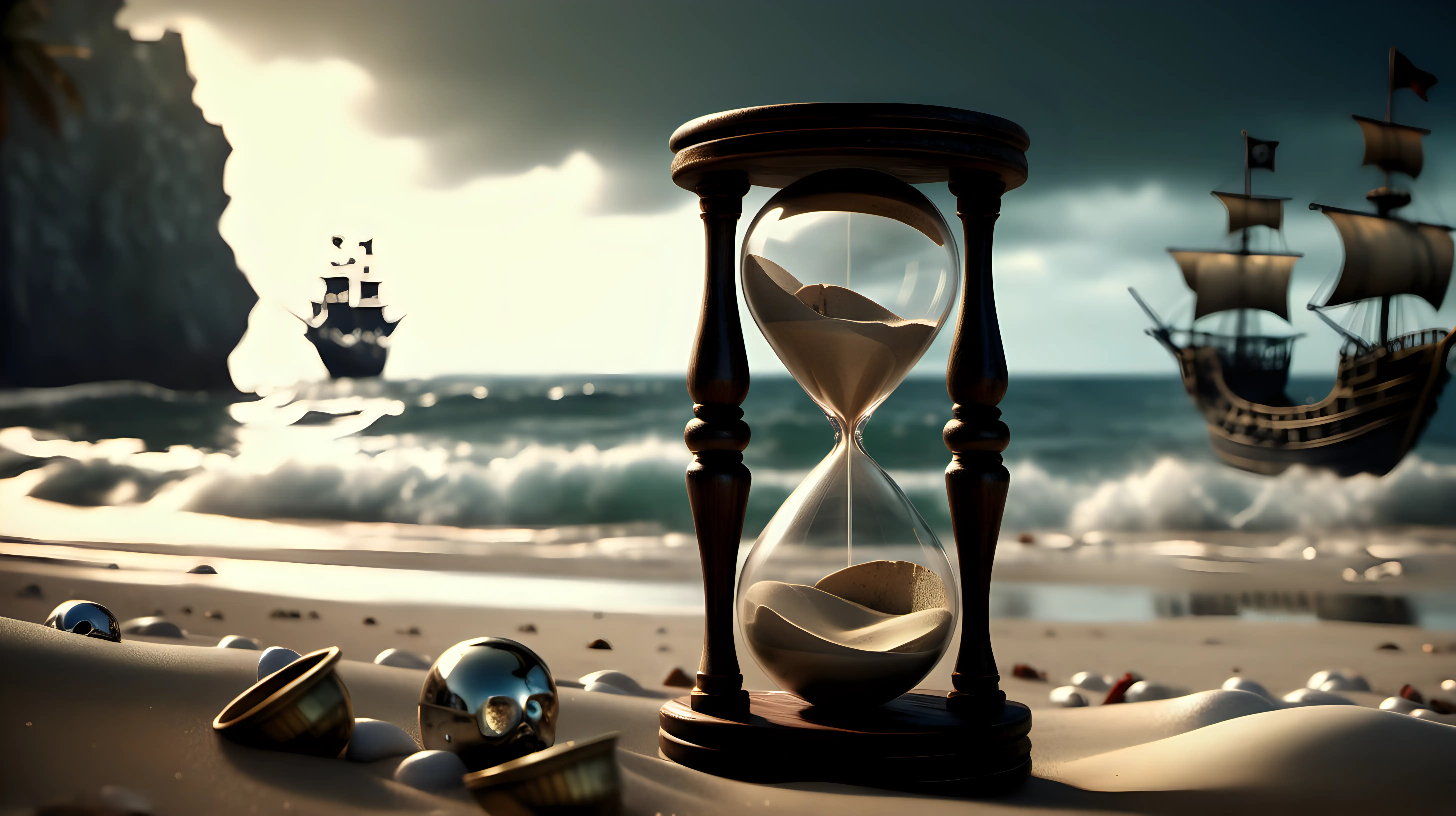 Imagen ultra realista,reloj de arena en una playa, barcos piratas al fondo,iluminación cinemática,alta definición,16k