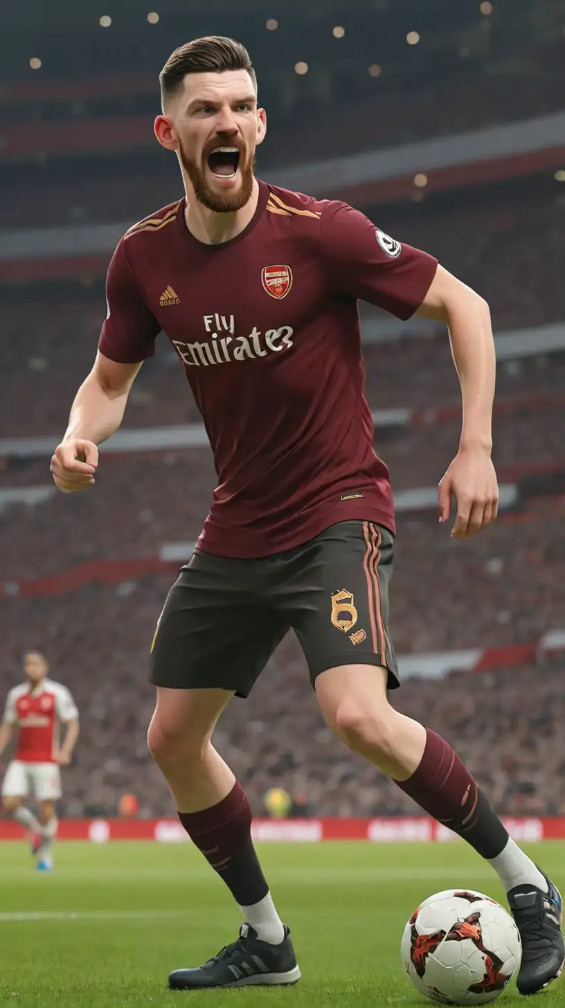 Draw the image of Declan Rice The beard is thin and sparse
 IN Arsenal T-SHIRT , dribbling the ball

, 3d cartoon,wearing shoes,