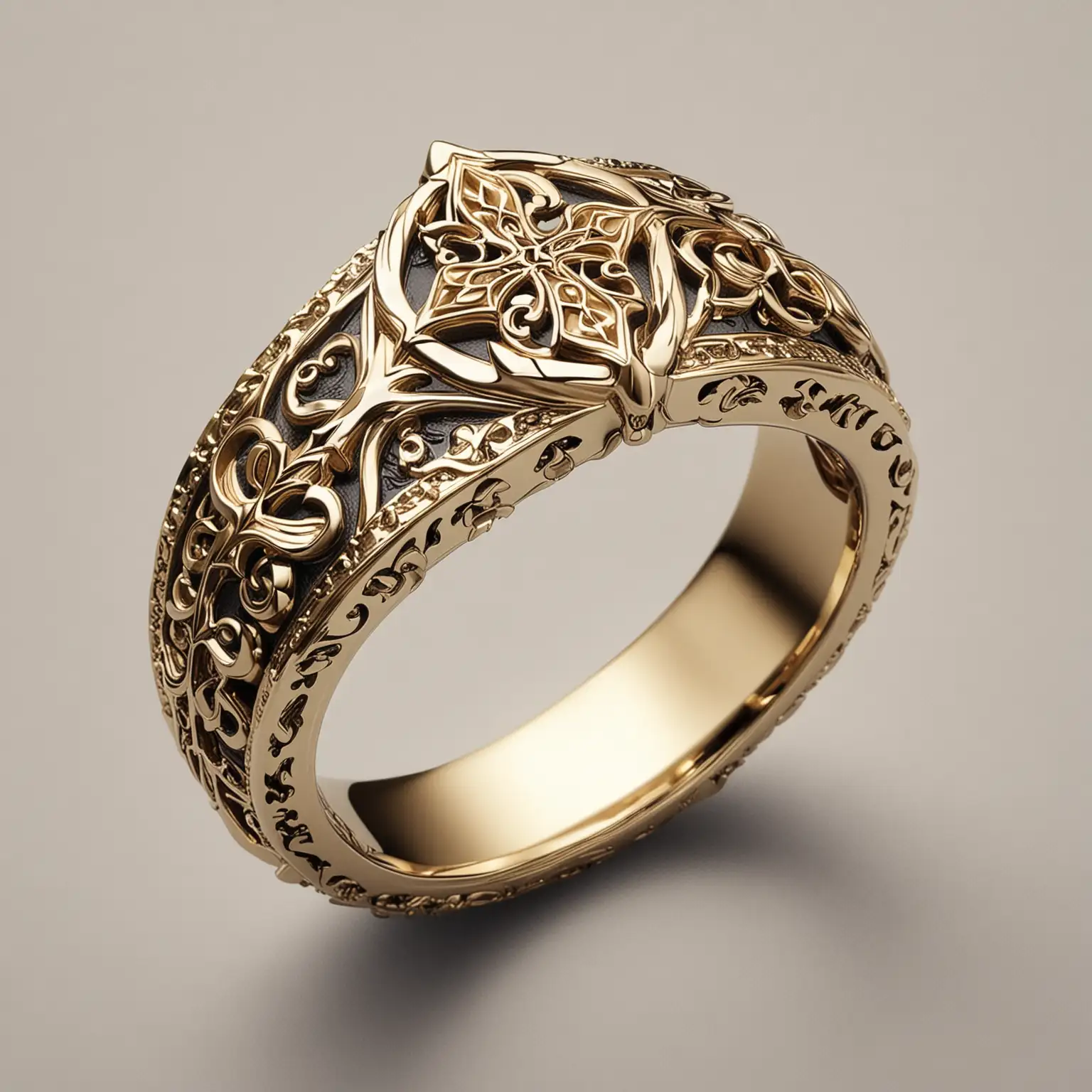 drawing of a gold gothic ring like chrome hearts style