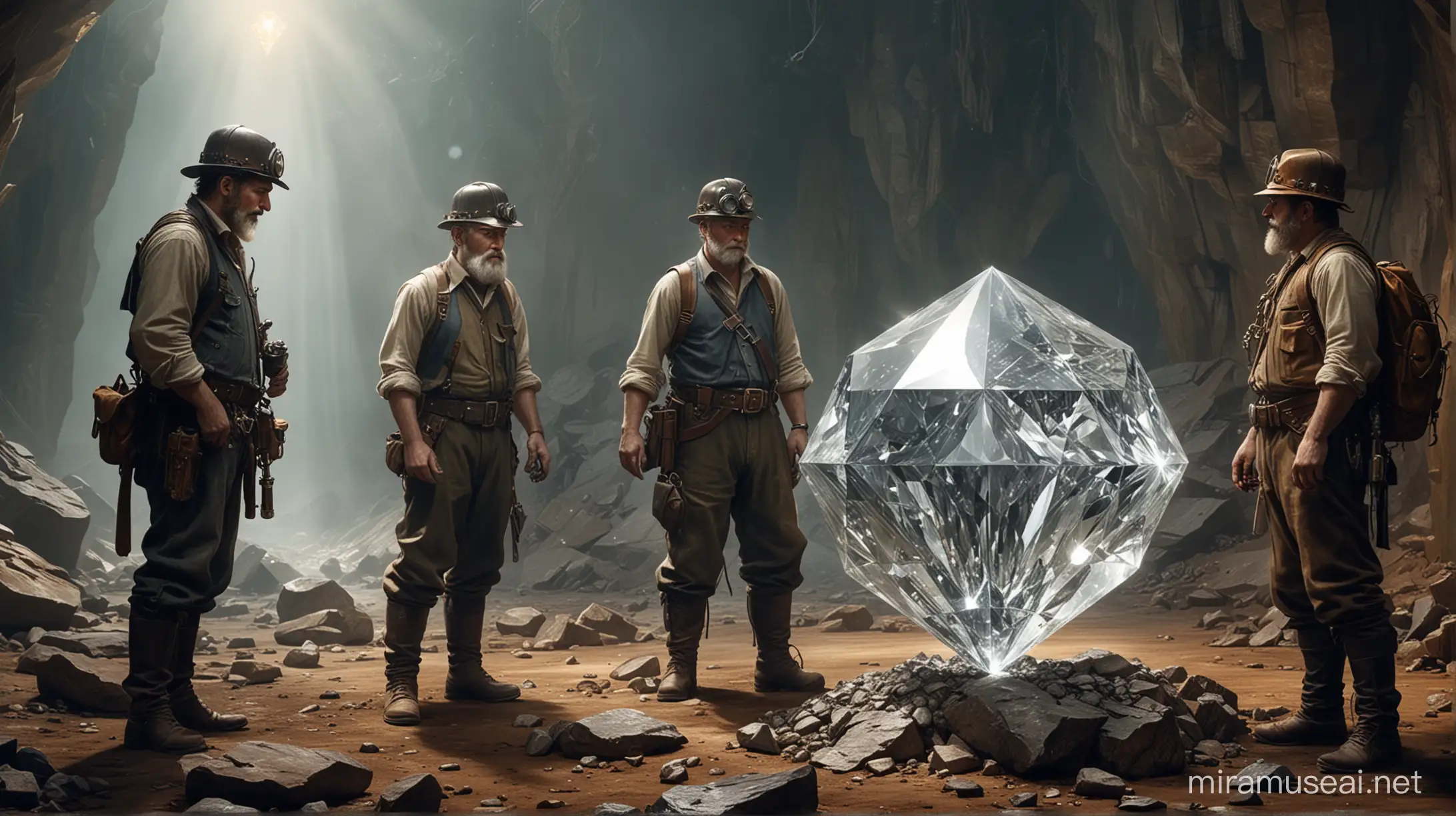 Steampunk miners look at a very big shining diamond, which has been found in a steampunk diamond mine