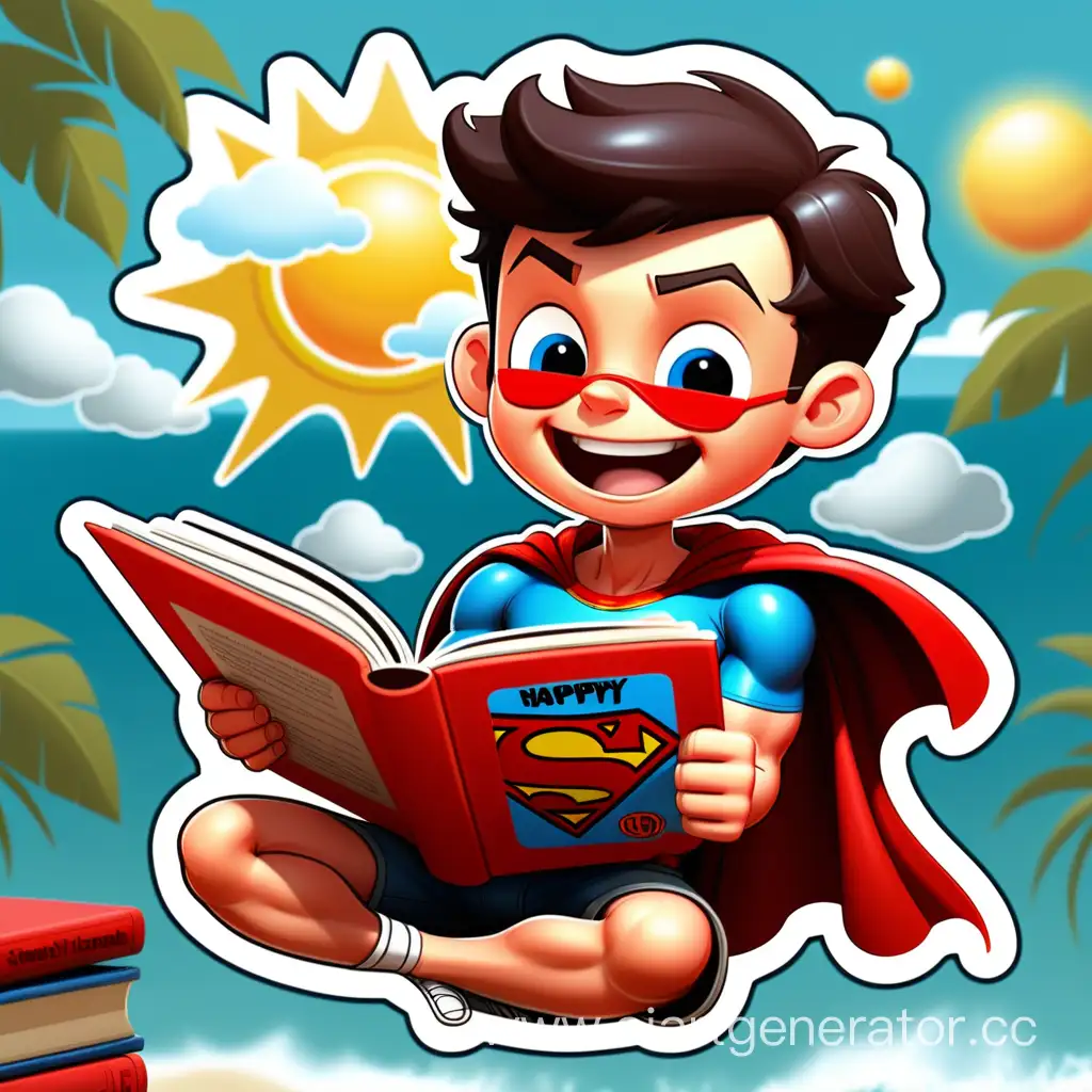 Create a unique sticker design featuring a super boy happy read book in summer  with an incredible style