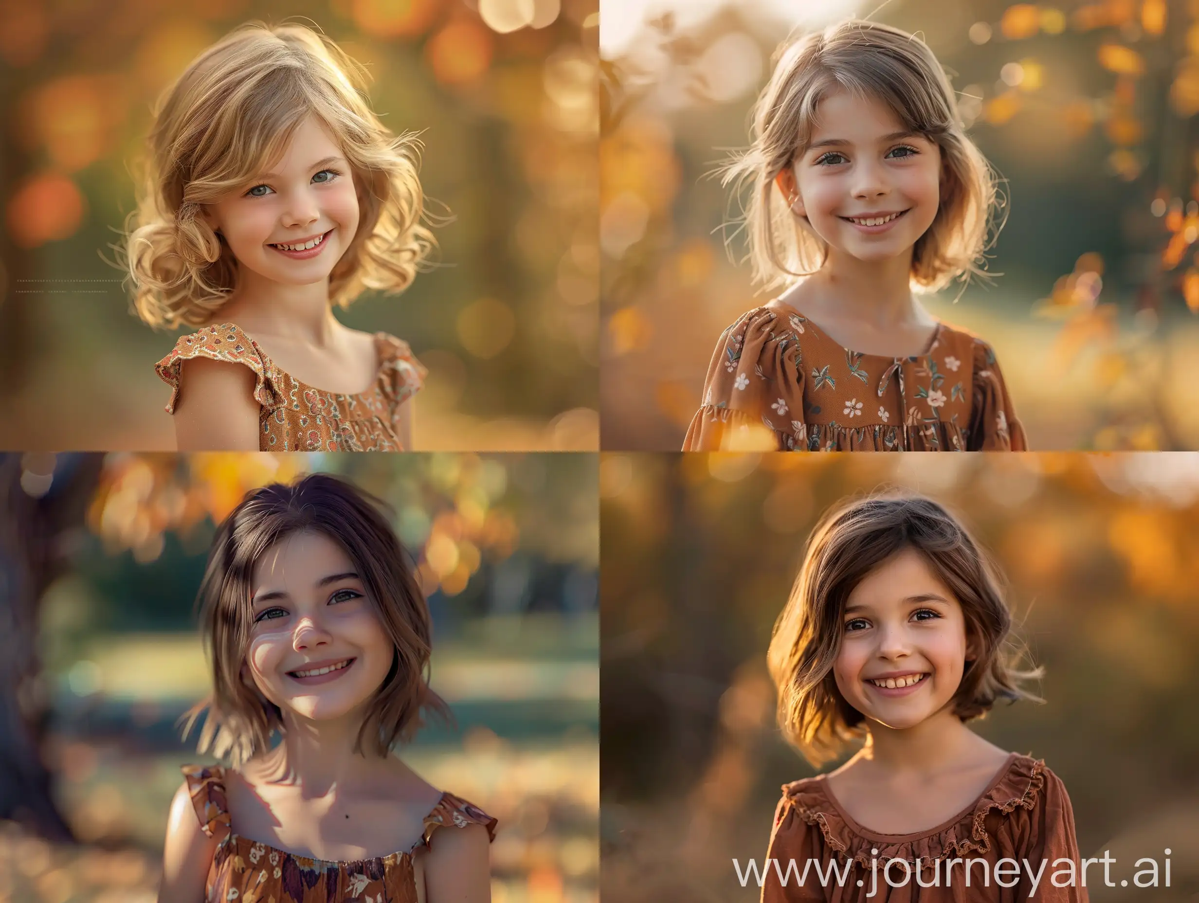 A portrait of a young beautiful girl, smiling, Asymmetrical Cut hair style, fall dress, outdoor view, captured by {randomly selected]} photographer. This image, characterized by its Minimalism style and outdoor  background that was recognized as a contest winner. It has been featured on CG Society.