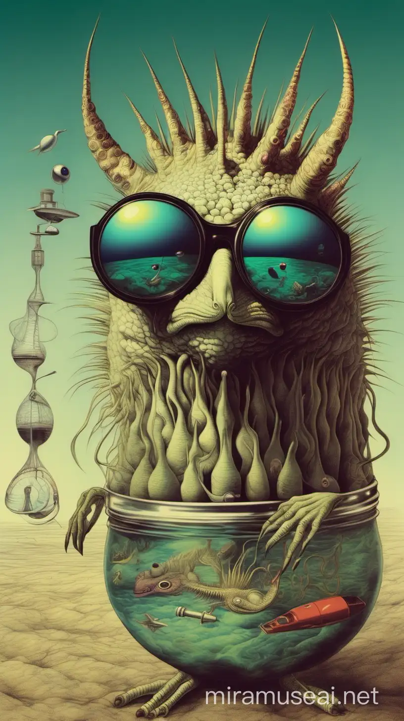 surrealistic art scientific creature with many weird sunglasses