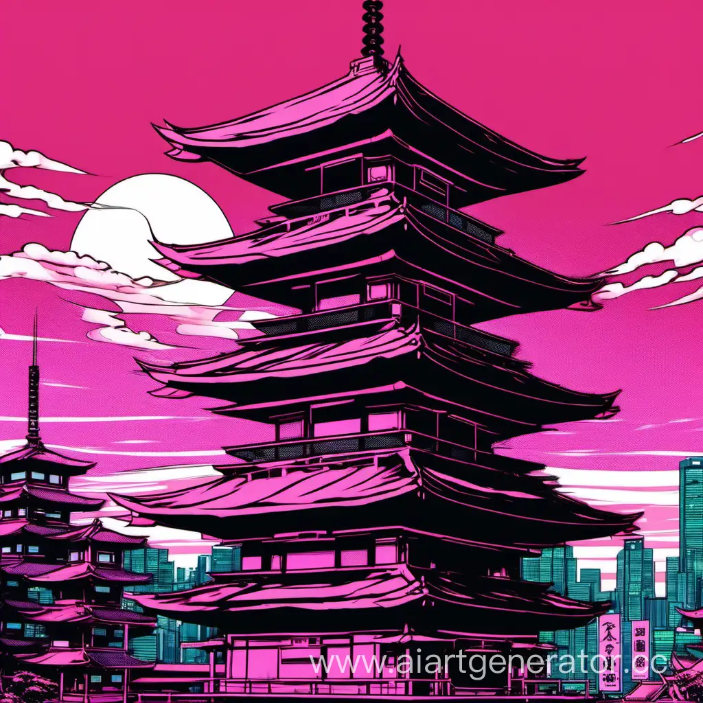 Пагода, киберпанк, розовый оттенок, корпорация, поднебесье, японский стиль